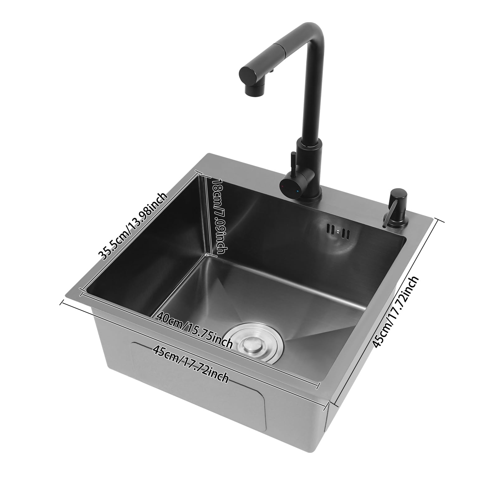 Fregadero de cocina de acero inoxidable con grifo, color negro, 45 x 45 cm, incluye grifo extensible, dispensador de jabón y desagüe