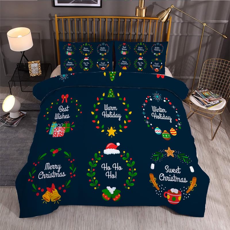 Housse de couette 160x200 cm avec 2 taies d'oreiller imprimées cercles de Noël en microfibre