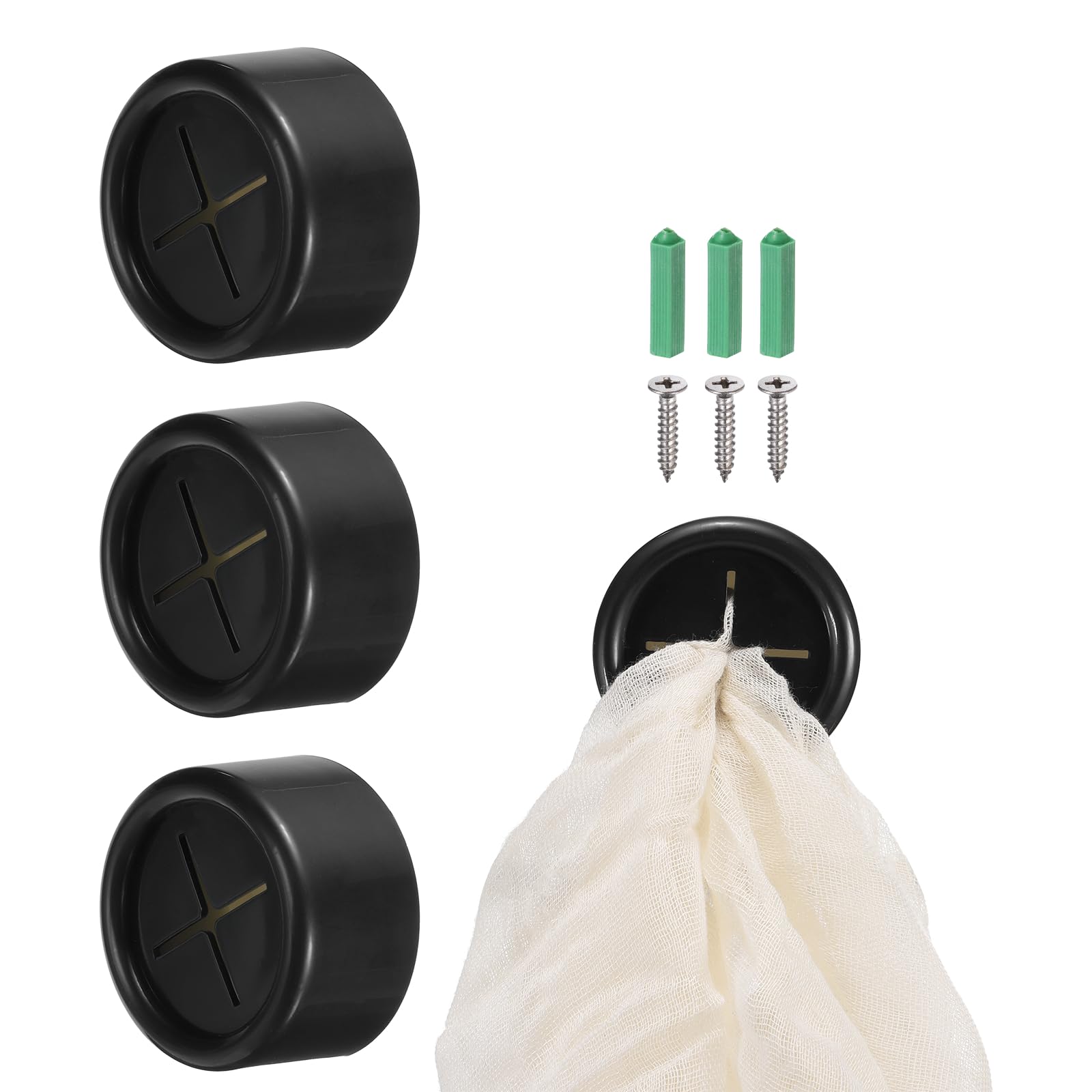 sourcing map 3 Pcs Push Towel Hooks, Round Adhesive Dish Towel Hook with Wall Plug Wall Mount Hand Towel Holder for Kitchen, Bathroom, Hand and Dish Towels, Black