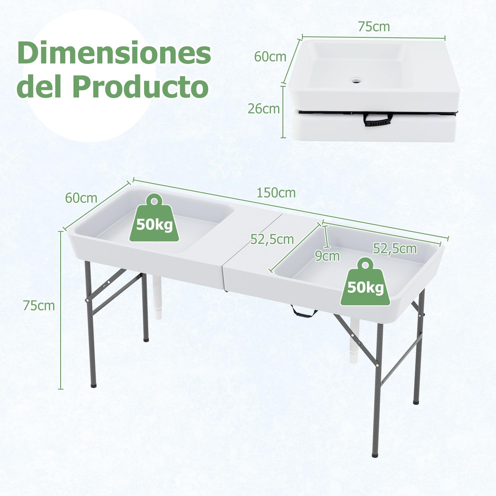 COSTWAY Mesa Enfriadora de Hielo Plegable de 150 cm, Mesa Refrigerante para Exteriores con Doble Fregadero, Falda a Juego y Manguera de Drenaje, Portátil Camping, Fiestas, Picnic y Bodas