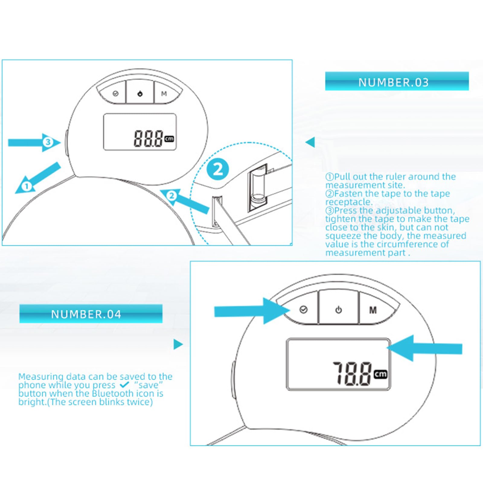 Cinta métrica, cinta métrica, regla compatible con Bluetooth con medición dirigida Cinta suave apta for el control del cuerpo Pérdida de peso Cinta métrica corporal retráctil Cinta de coser(Blue)