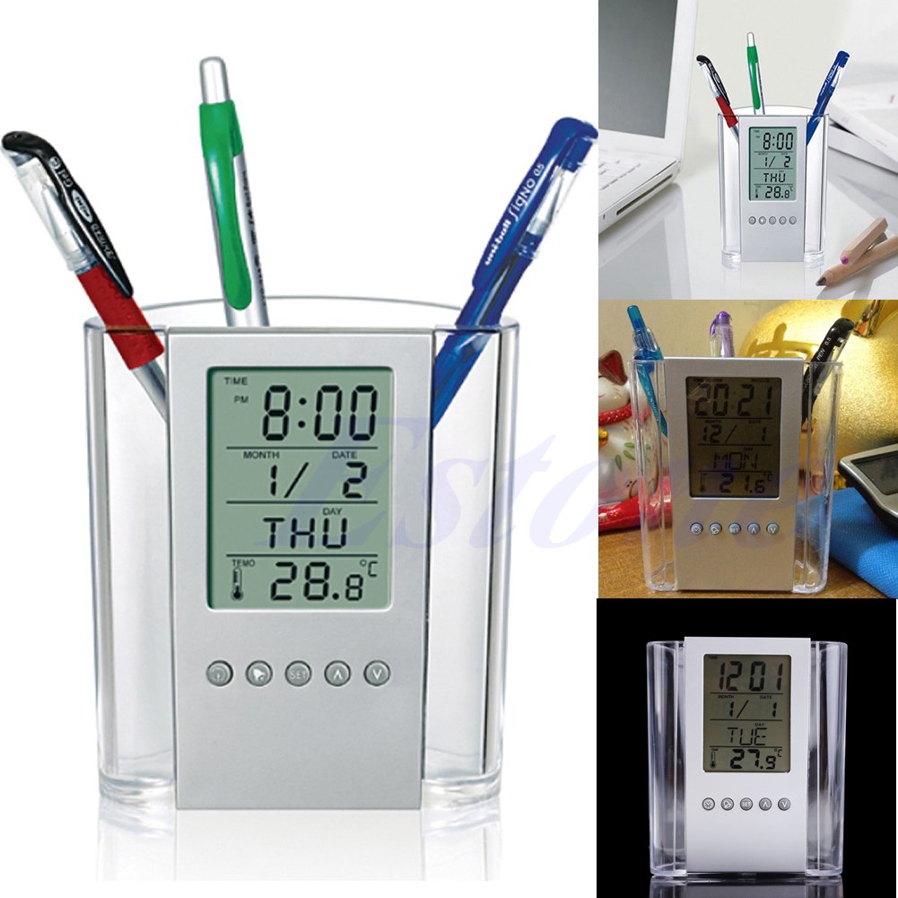 Zkydhbd Lcd Digital Alarm Clock Desk Pencil Pen Holder Calendar Desk Tidy