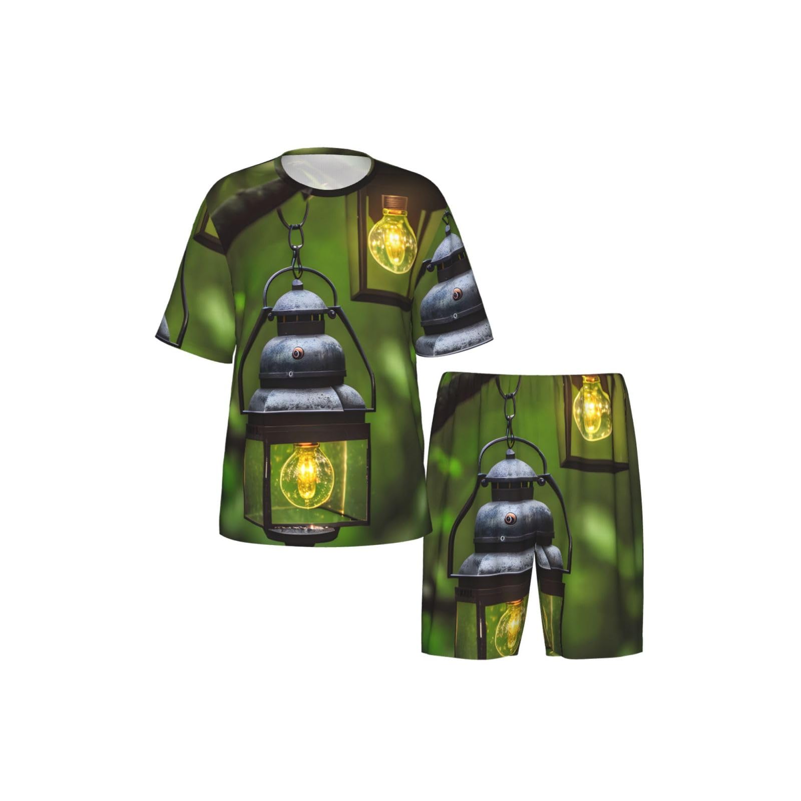 Conjunto de pijama clásico con estampado de luciérnagas y linternas, pantalones cortos de pijama suaves para hombre, perfecto para las noches de verano
