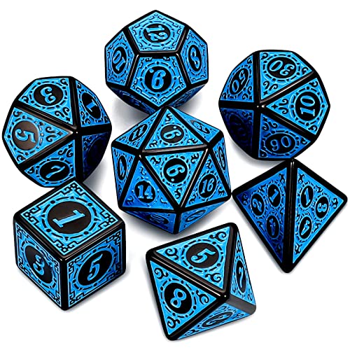 QMAY Set di dadi poliedrici DND – 7 pezzi per Dungeon and Dragons MTG RPG D&D D20, D12, D10, D%, D8, D6, D4 (incisione blu)