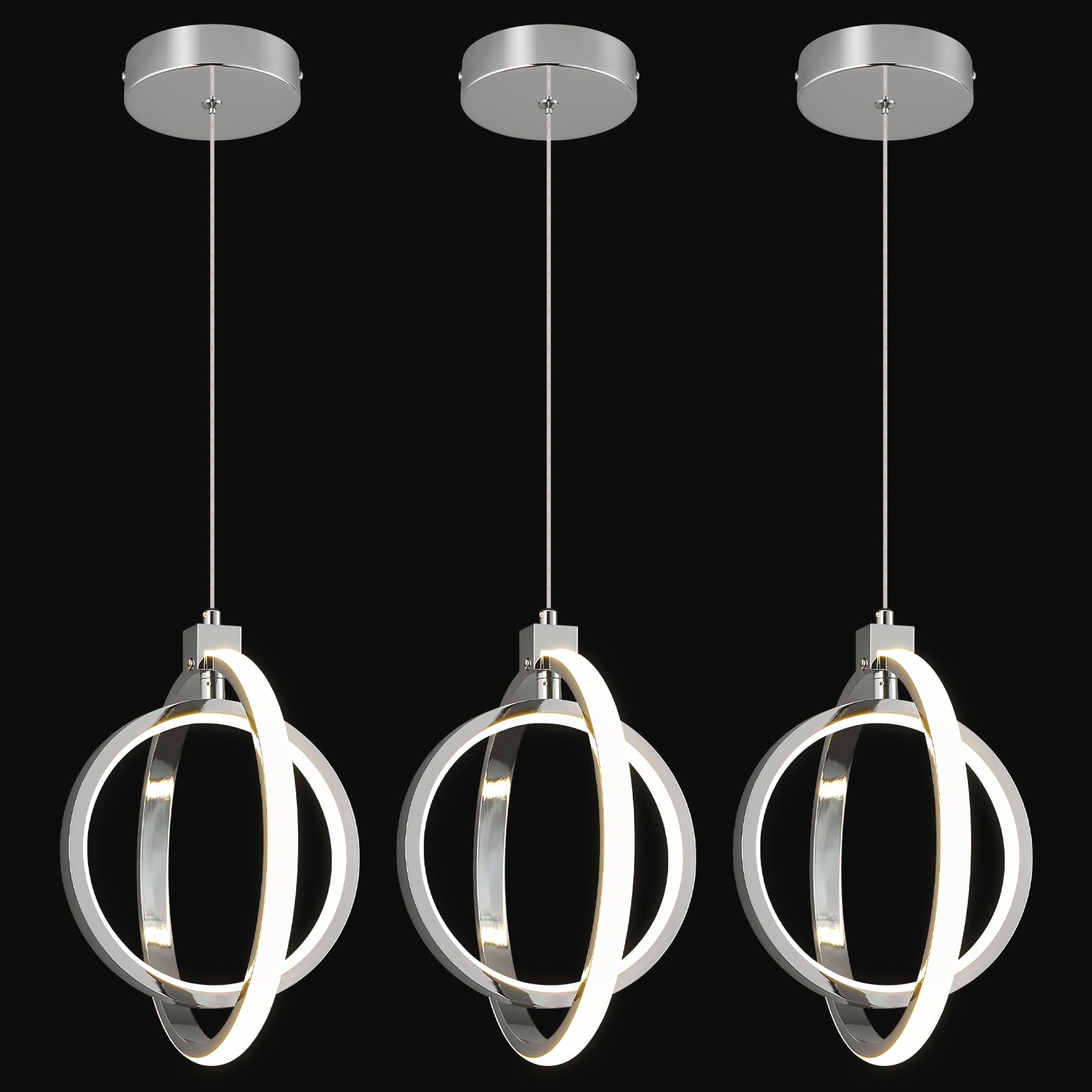 Photo 1 of BNHHLZ Modern LED Chandelier Chrome Ring Pendant Light Fixtures 4000K Dimmable Height Adjustable Pendant Lighting for Dining Room Kitchen Island Bedroom Living Room Foyer?Chrome Round 3-Pack?