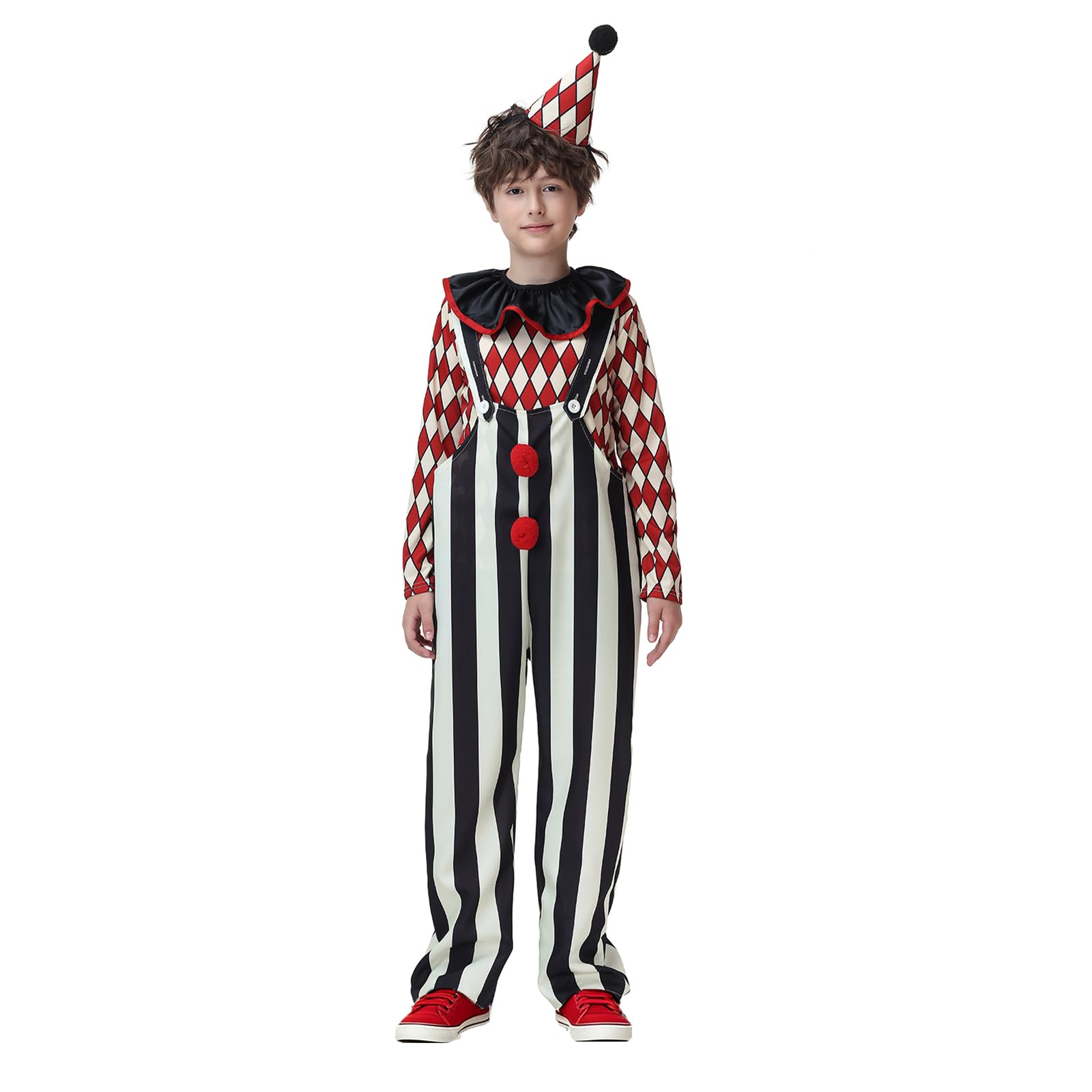 Gliswaieuznd Kids Scary Clown Costume Halloween Dress Up Jester Cosplay Outfit with Hat (Black, 14 Years)