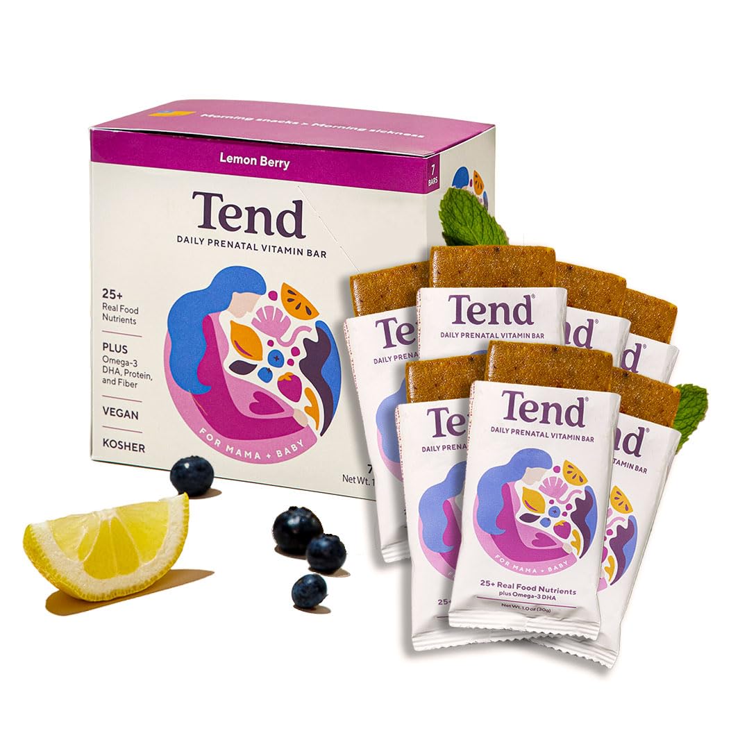 Tend Daily Best Prenatal Vitamin Bar, Made with Organic Ingredients for Pregnant & Postpartum Mothers, Includes DHA, Vitamin D, B, Choline, Folate - Lemon Berry (7ct)