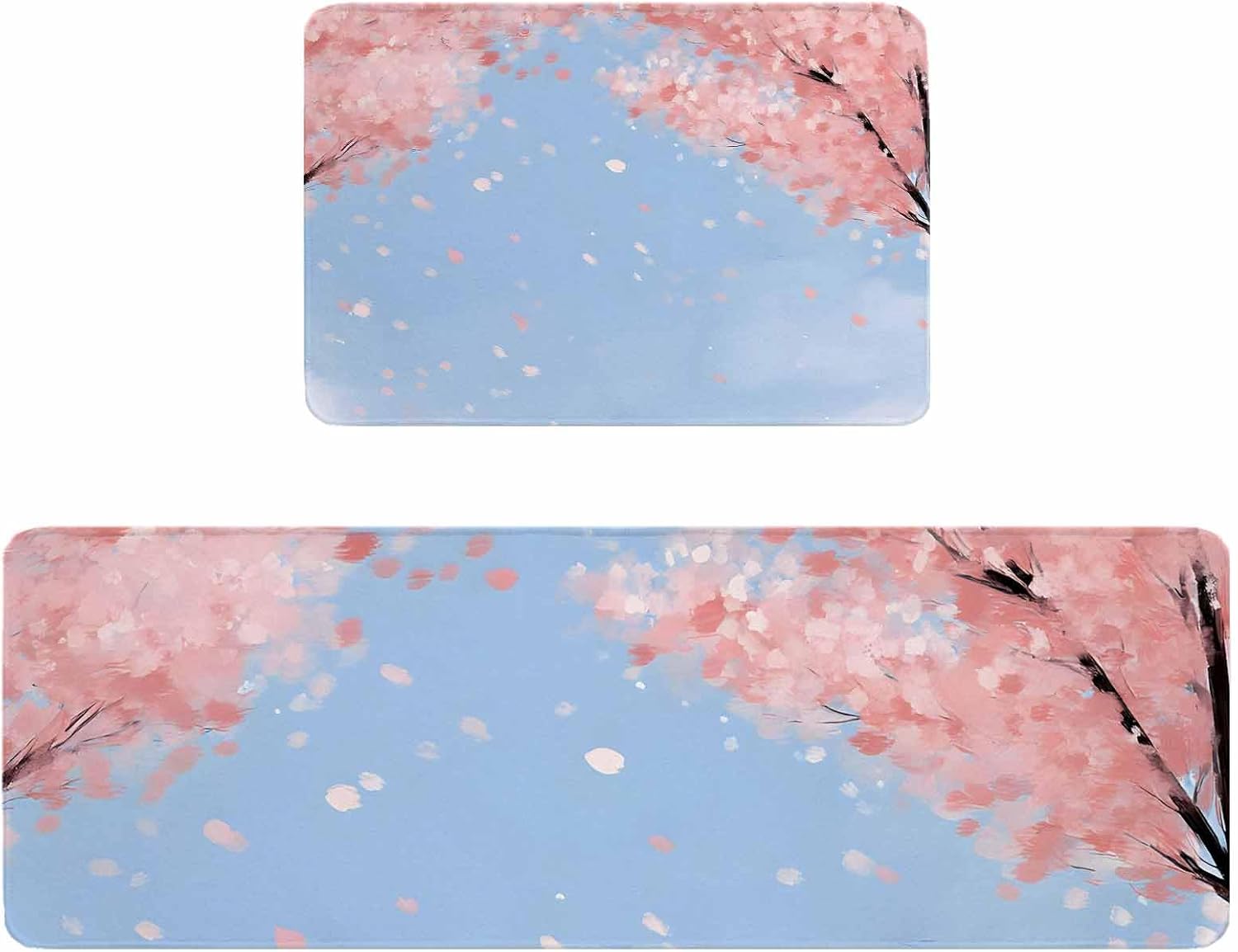 Japanese Cherry Blossoms Kitchen Rugs and Mats Set of 2, Non-Slip Kitchen Sink Mat, Watercolor Floral Art Blue Sky Washable Doormat Bathroom Rugs Runner for Bedroom/Living Room 17.7"x30"+17.7"x59"