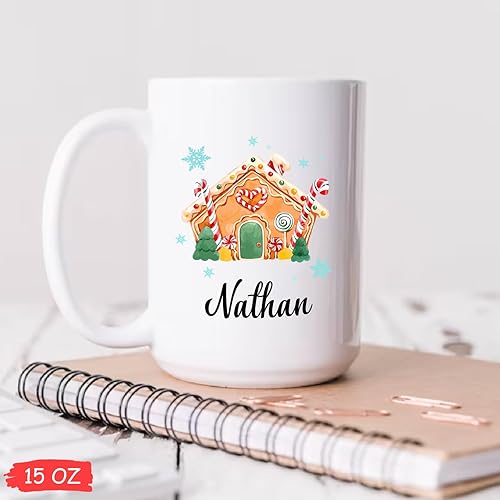 Miniatura 5 de Taza de café de casa de jengibre de Feliz Navidad, taza de viaje de casa de jengibre para familiares y amigos, taza de cerámica blanca personalizada