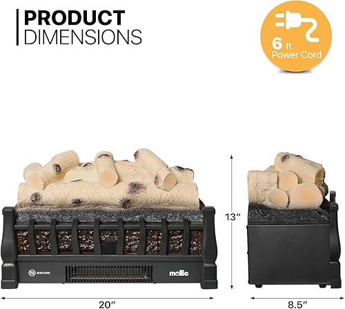 Miniatura 2 de mollie Chimenea eléctrica de troncos de 20 pulgadas con brillo ajustable, efecto de llama realista y temperatura, calentador de troncos eléctrico de