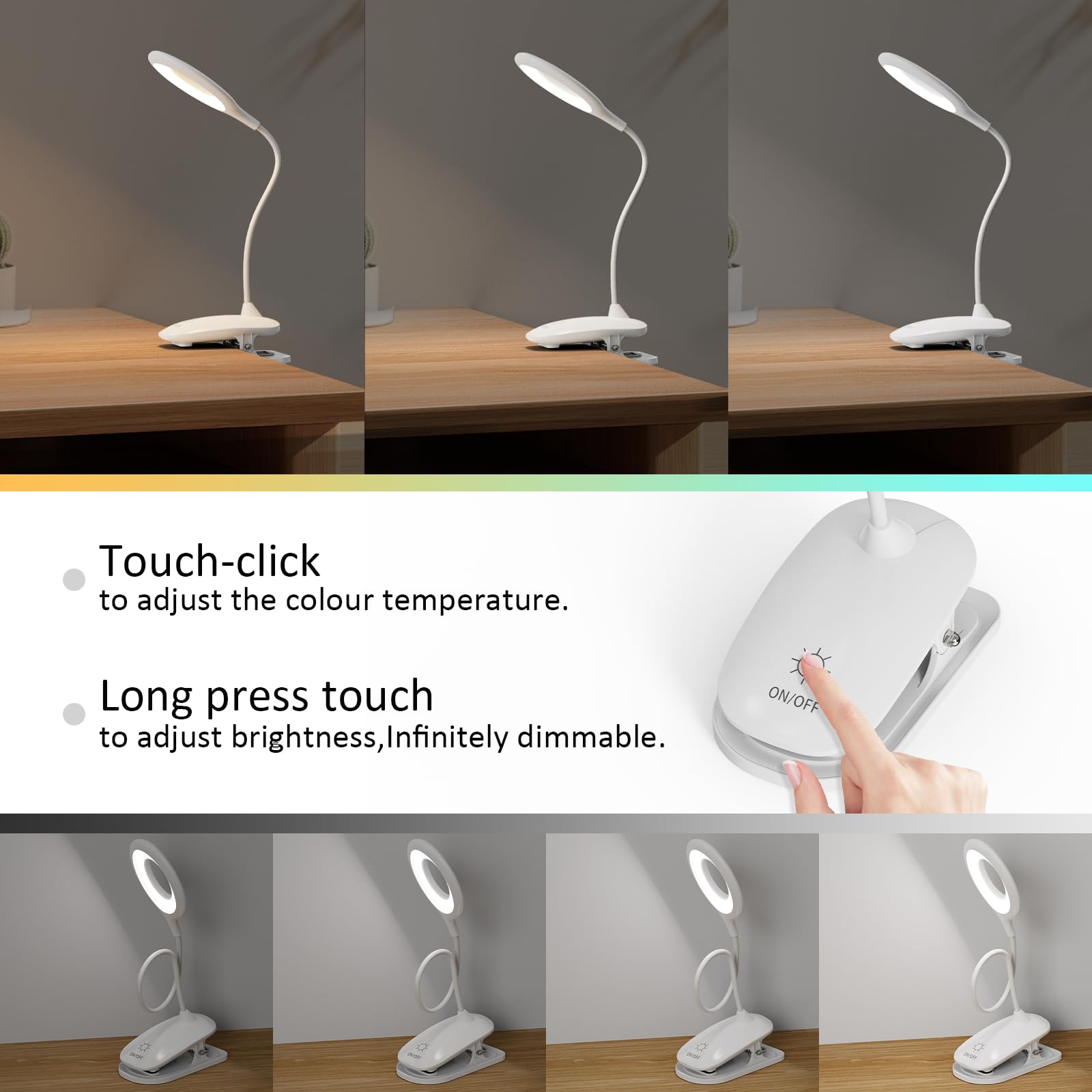 Lámpara De Lectura LED Anmossi - Recargable USB, 7 LED, 3 Brillos, Cuello Flexible, Pinza Para Libros O Cama