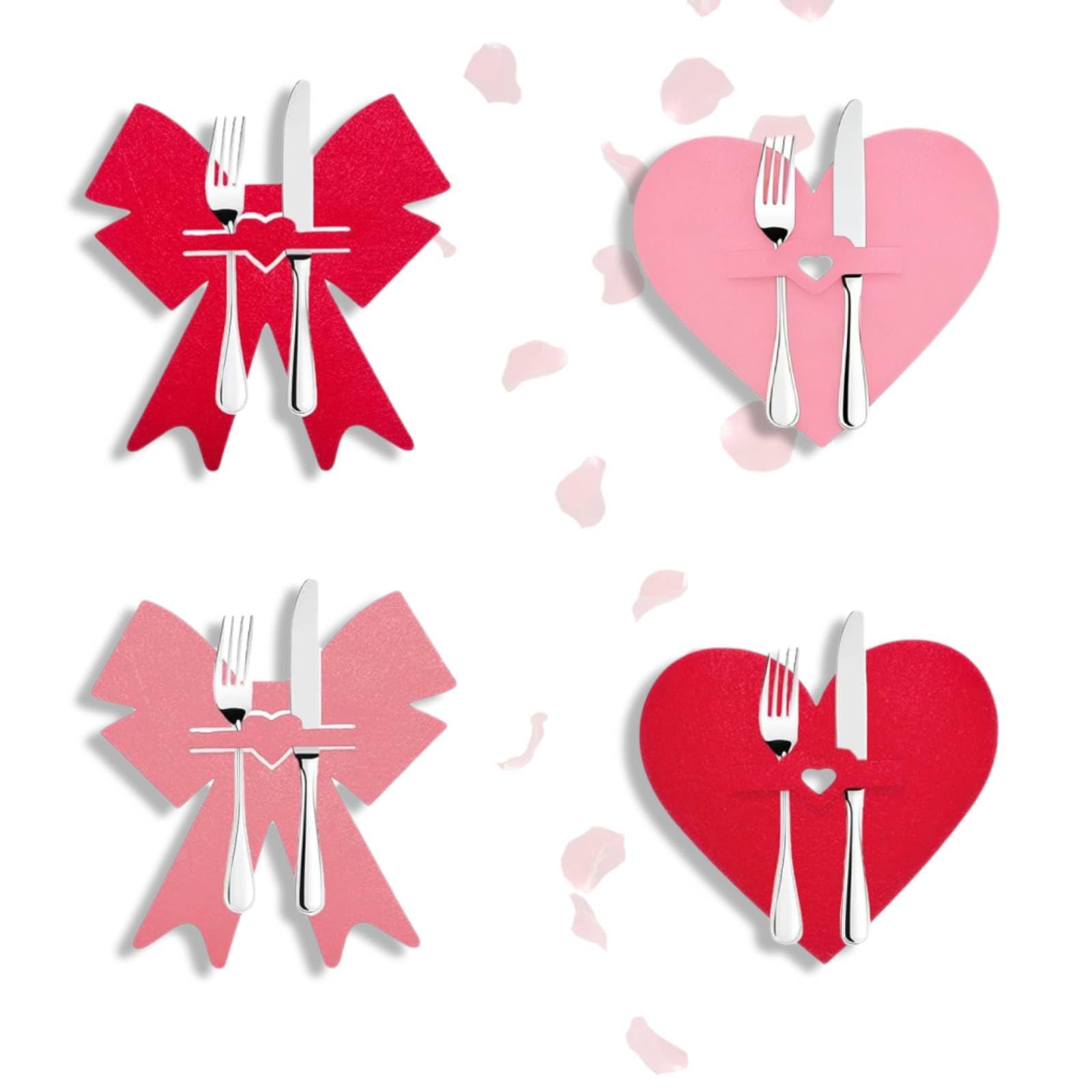Valentine'S Day Decorations - 4pcs Valentine'S Day Cutlery Set with Heart-Shaped Felt Pouch, Spoon and Fork Holder for Valentine'S Day Table Decoration and Wedding Silverware Storage Red
