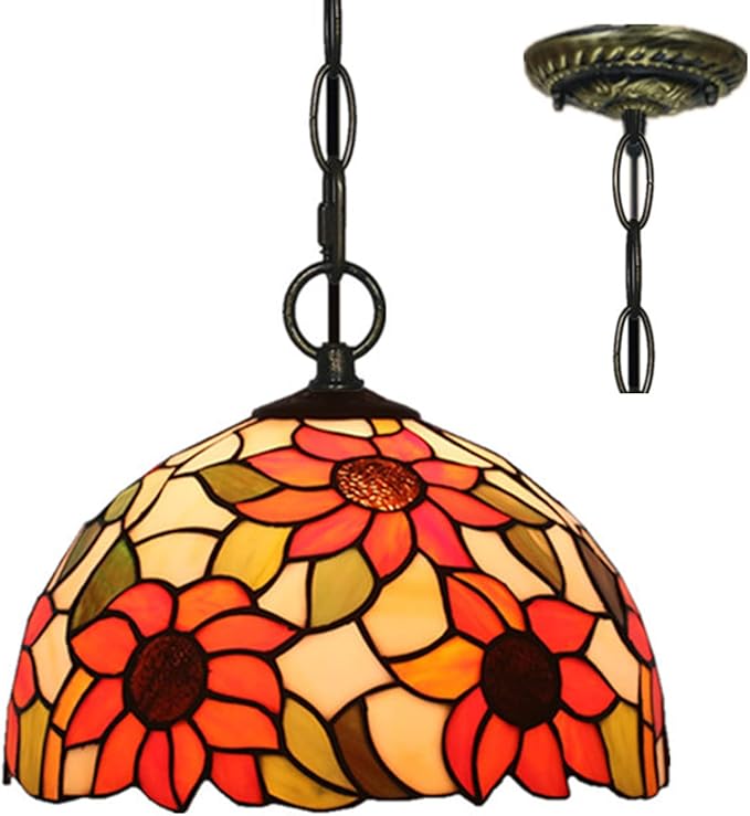 BAJEKO 12 inch Tiffany Tegenhanger Licht Inrichting voor Keukeneiland, Pastorale Gele Zonnebloem Bloem Gebrandschilderd Glas Handwerk Hangende Lamp voor Eetkamer Woonkamer Slaapkamer