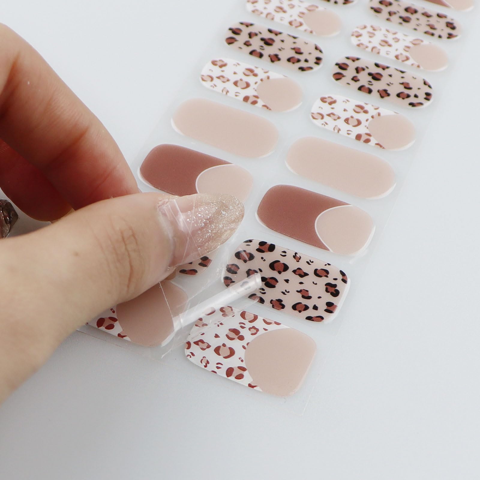 JMEOWIO Gel Nail Stickers Cream Coffee French Tip Leopard Print Semi Cured Gel Nail Strips Wraps UV/LED Nails Art Design Decoration Accessories - Image 4