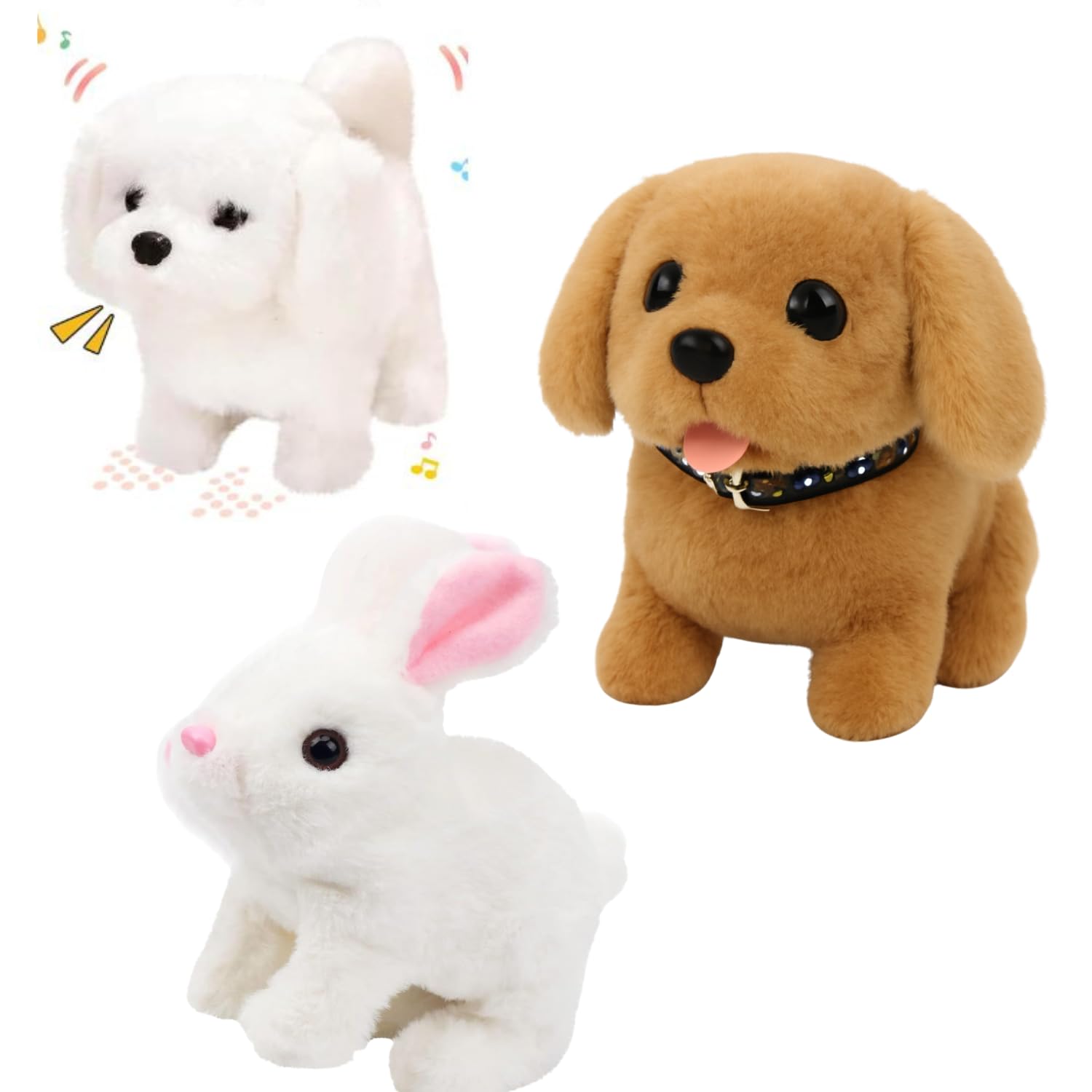 Plush Toy Set – Soft Fluffy Beige Puppy, White Puppy, and White Bunny with Black Collars – Cute and Huggable Stuffed Animals for Kids and Collectors-image-0