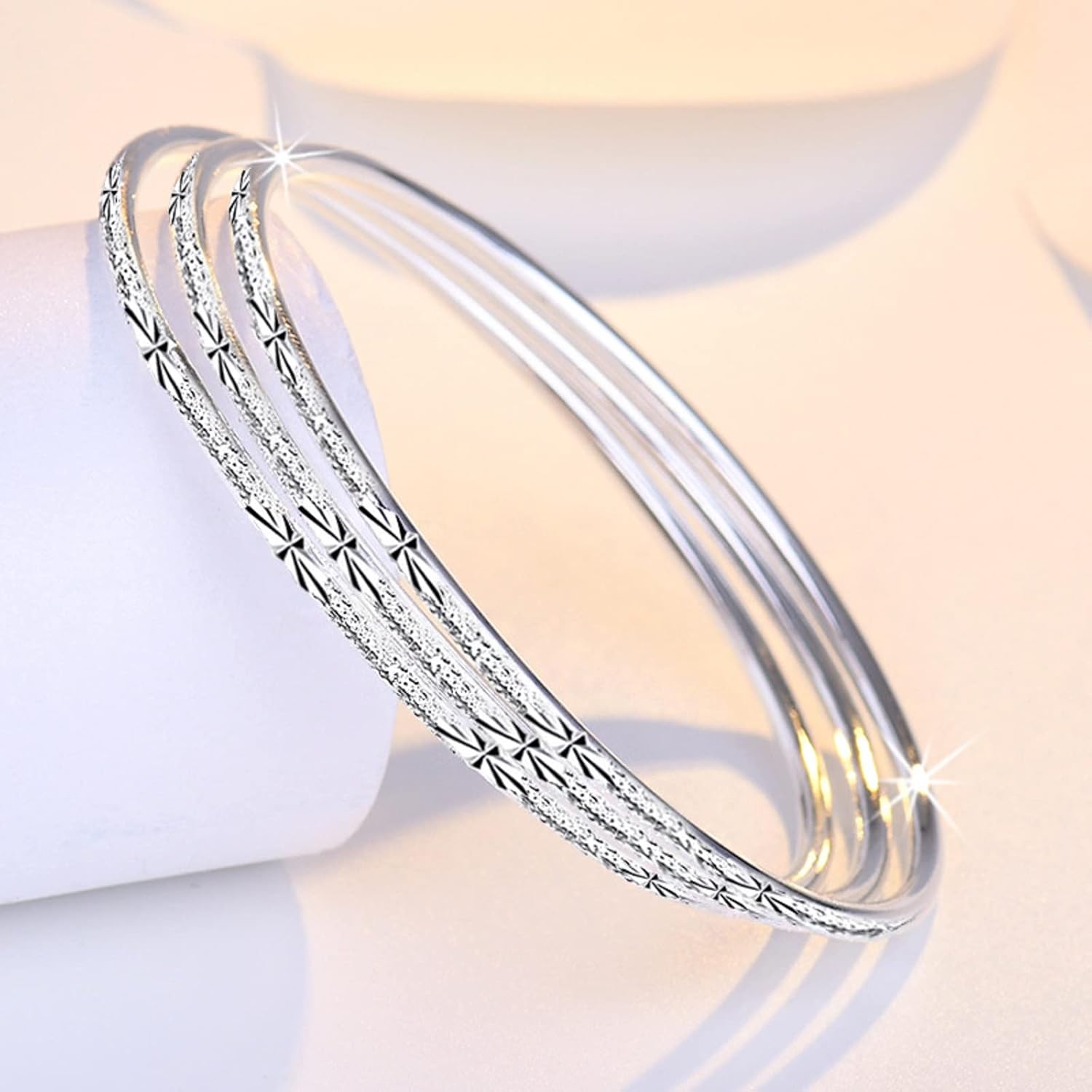 Three Sets Women Jewelry Solid 925 Sterling Silver Carving Women's Cuff Bracelet Bangle Jewelry Gift,Frosted Bracelet,Gypsophila Bracelet (58MM) - Image 5