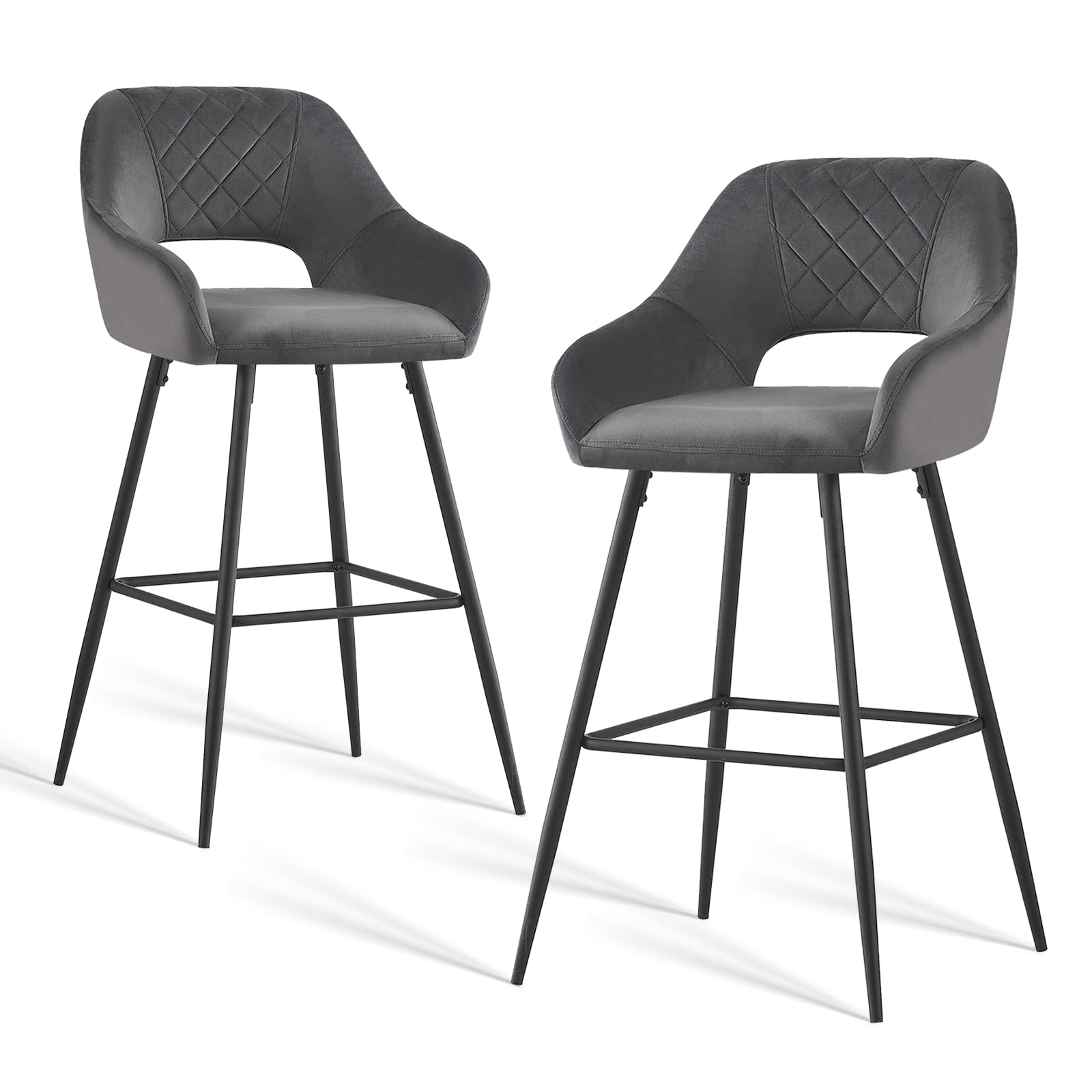 JaHECOME Bar Stools Set of 2 Grey Velvet Padded with Footrest Armrest Kitchen High Stools Supported Black Metal Legs for Breakfast Bar, Counter, Kitchen and Home