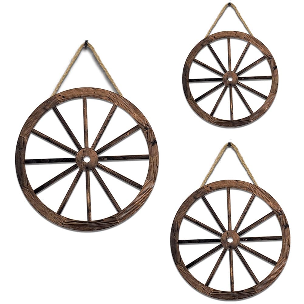 CTRLZS 3Pcs Wooden Wagon Wheel Wall Hanging Rustic Garden Wall for Home Garage Wheel Shaped Pendant Decor