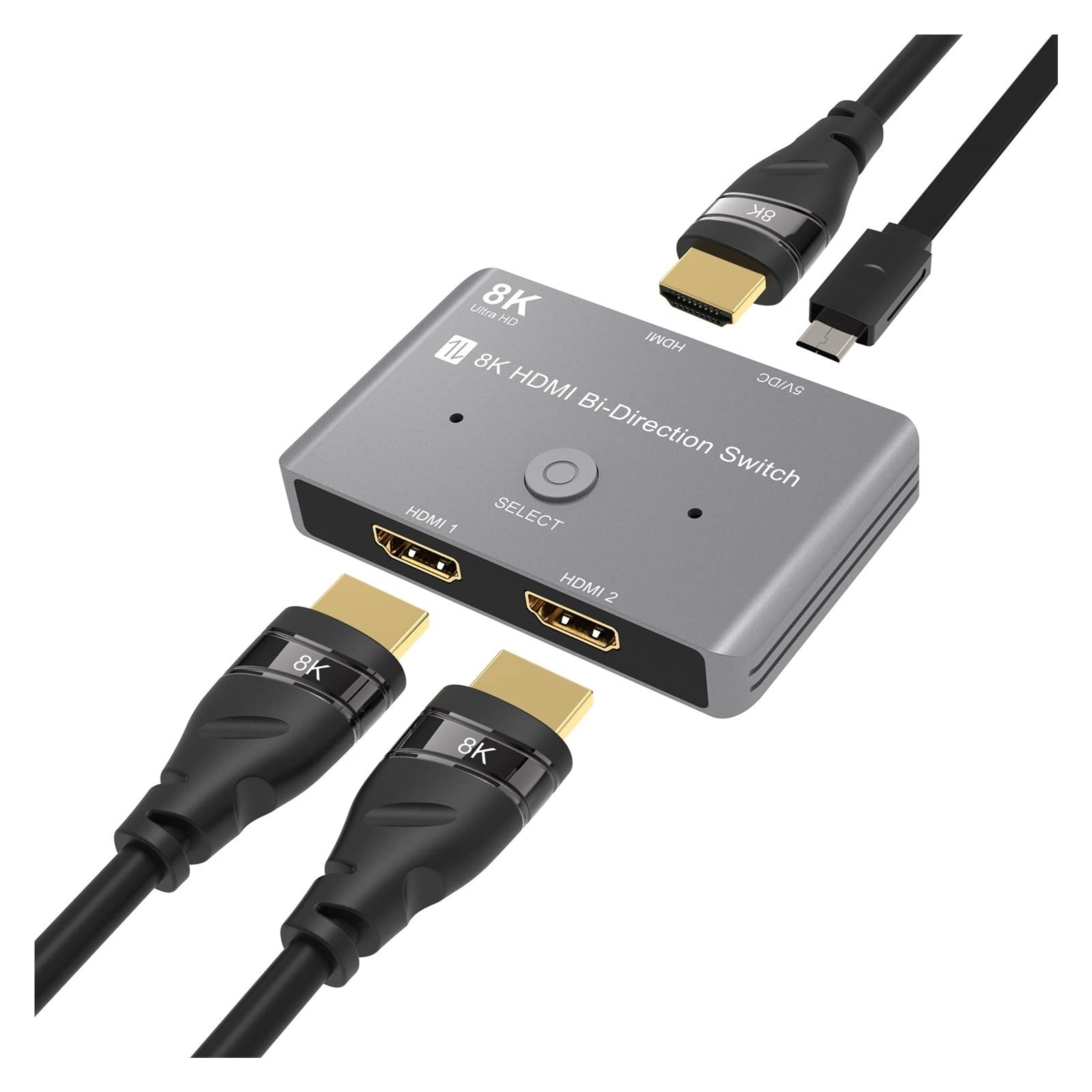 HDMI-Switch-Splitter, HDMI-kompatibler 8K HD 2.1 Bidirektionaler Switch 8K@60Hz 4K@120Hz 1in 2 Out 2in 1 Out High Speed ​​48Gbps Splitter Einfach einzurichten (Color : Gris, Size : Small)