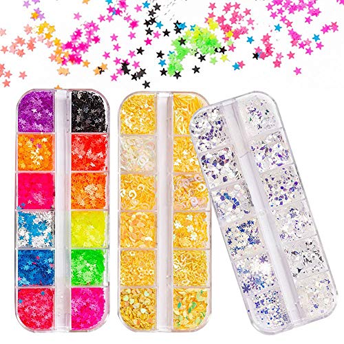 36 Colors/Set Nail Glitter Sequins Sparkly - Dots Heart Stars Flake Holographic Nail Art Supplies - Manicure Paillettes Ultrathin Face Body Nail Sequin for Nail Art Decoration, Acrylic Nails