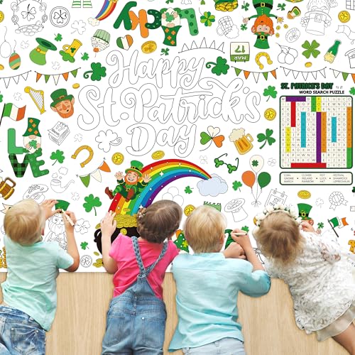 Image of QZYL 54 inch x 108 inch Coloring St Patricks Day Crafts, Giant Coloring Table Cloth for Kids, Painting Poster Art Activities Banner Disposable St Patrick's Day Crafts for Home Classroom St Paddys Decorations
