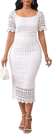 Cololura Elegant Sexy Floral Lace Short Sleeve Off Shoulder Party Formal Bodycon Midi Dress