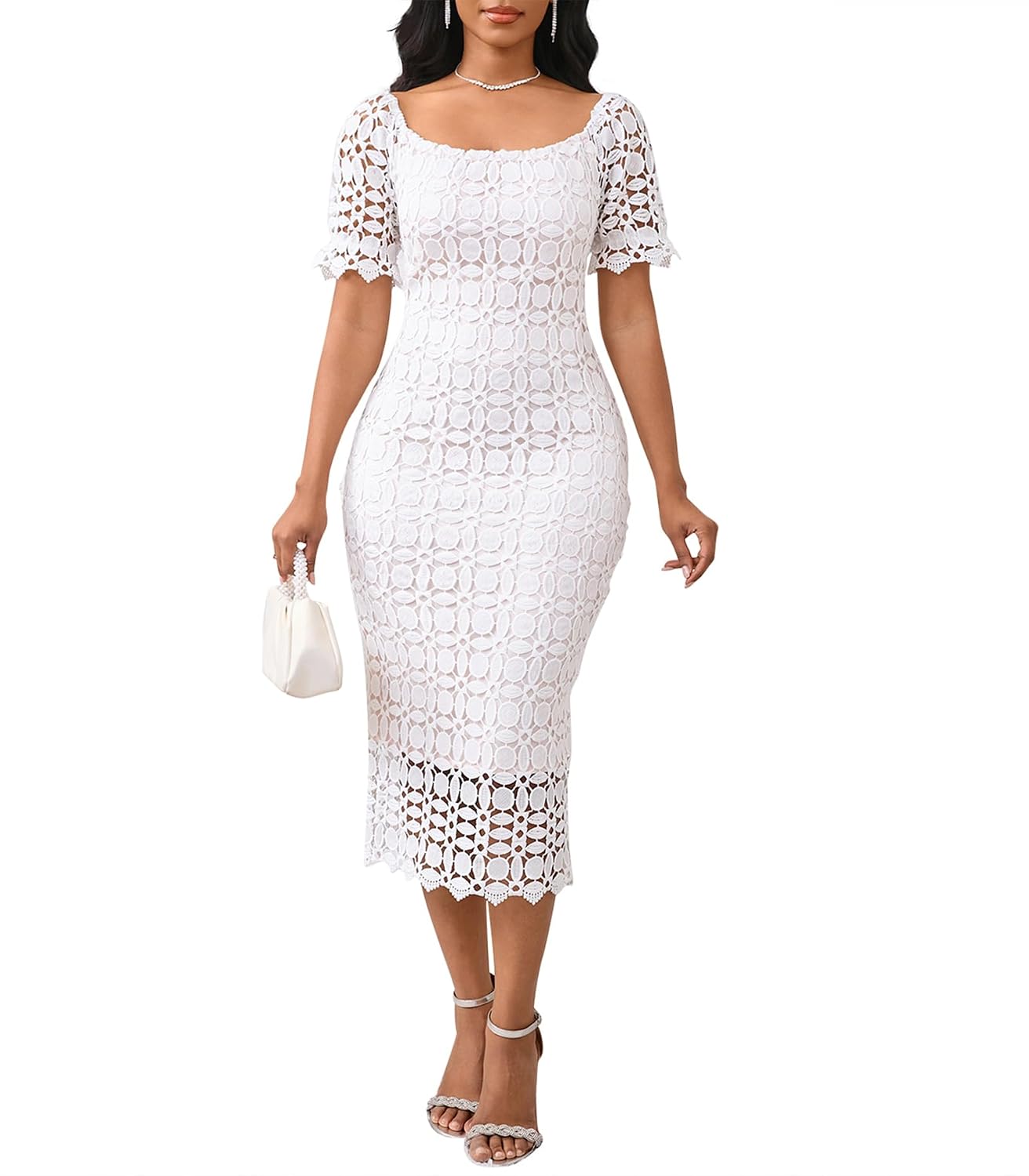 Cololura Elegant Sexy Floral Lace Short Sleeve Off Shoulder Party Formal Bodycon Midi Dress - Review, Price and Buying Guide