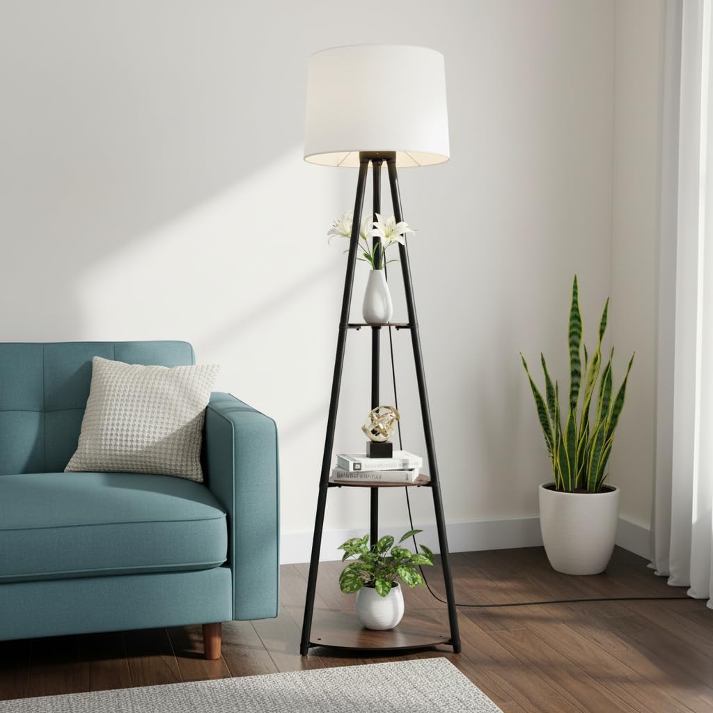 LED Floor Lamp with 3-Tier Shelves, Modern Metal Stand | Living Room Decor, Built-in Display Shelves, Tripod Base Design, White Fabric Shade, Freestanding-image-45