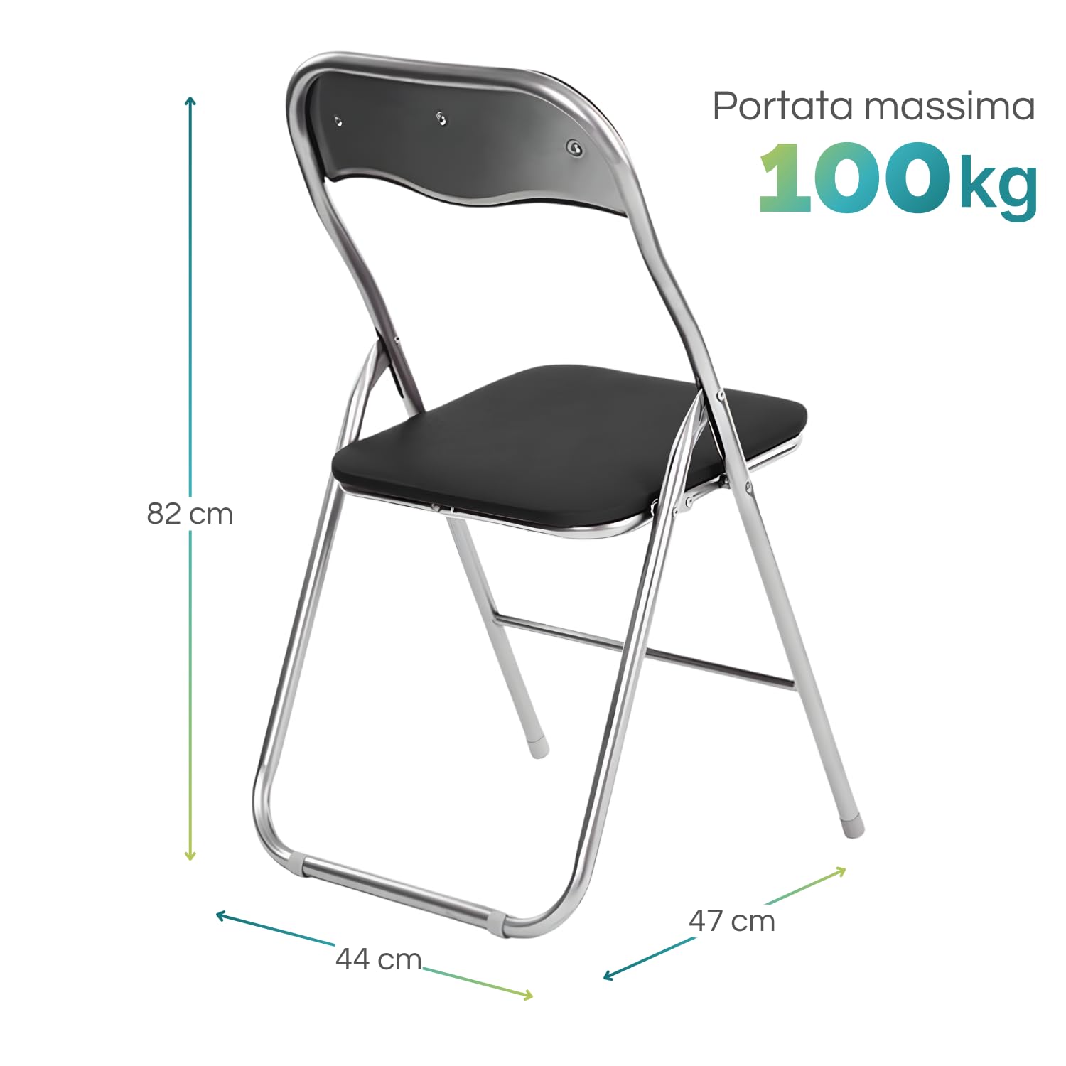 PALUPLUS Set 6 Sedie Flash Pieghevoli, misura aperta 44x47x82 cm, salvaspazio con struttura tubolare da 22 mm, seduta in PVC Imbottita e Piedi antiscivolo, per giardino, ufficio, campeggio (Nero)