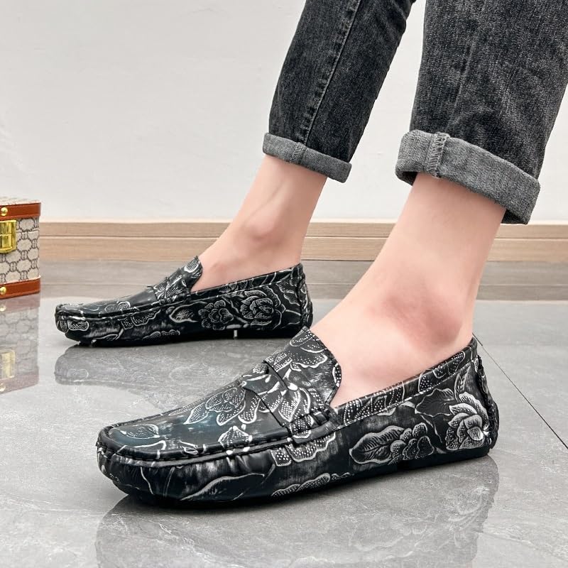 Men's Loafers Square Toe Floral Print Nubuck Leather Penny Driving Loafers Flat Heel Comfortable Slip Resistant Casual Prom Slip-ons4