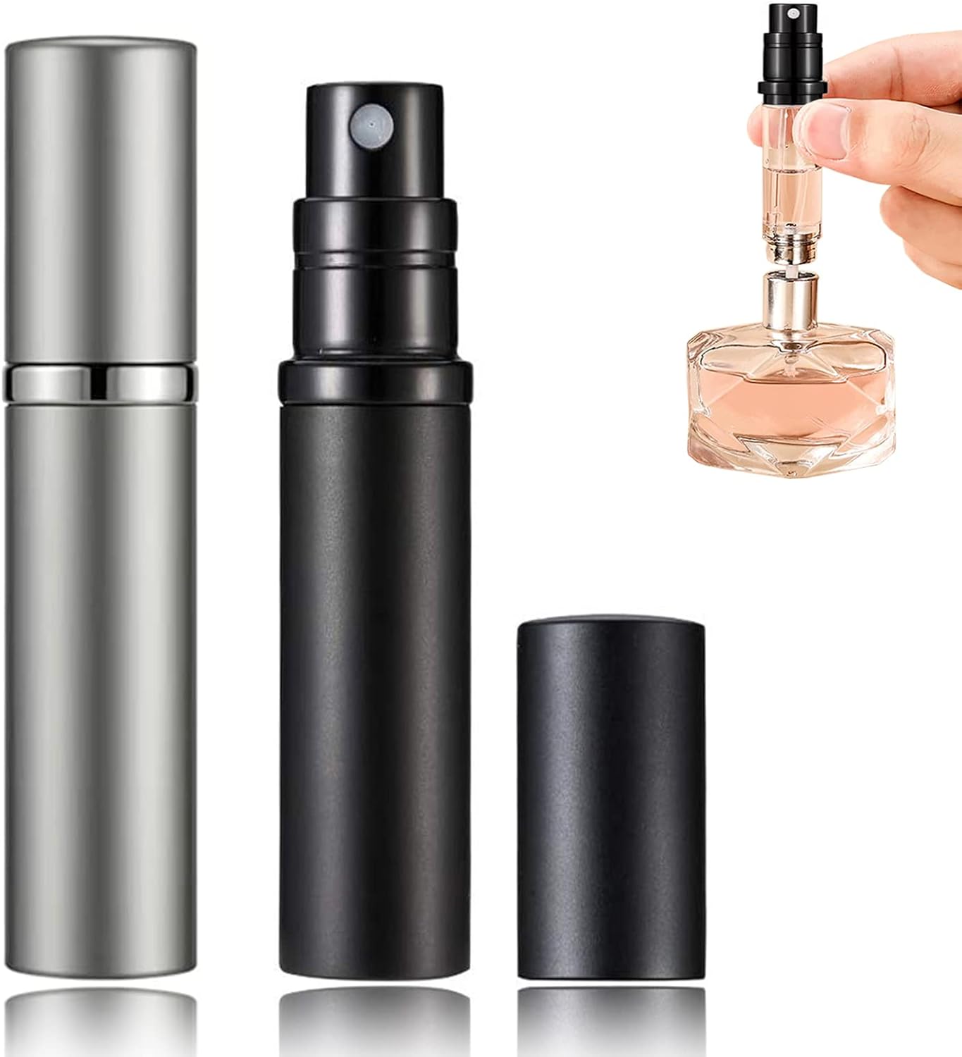 POTWPOT Travel Size Perfume, 2 Pack Travel Perfume Bottle Elegant Travel Perfume Refillable Bottle for Men and Women with 5ml Pocket Size (Black & Grey)