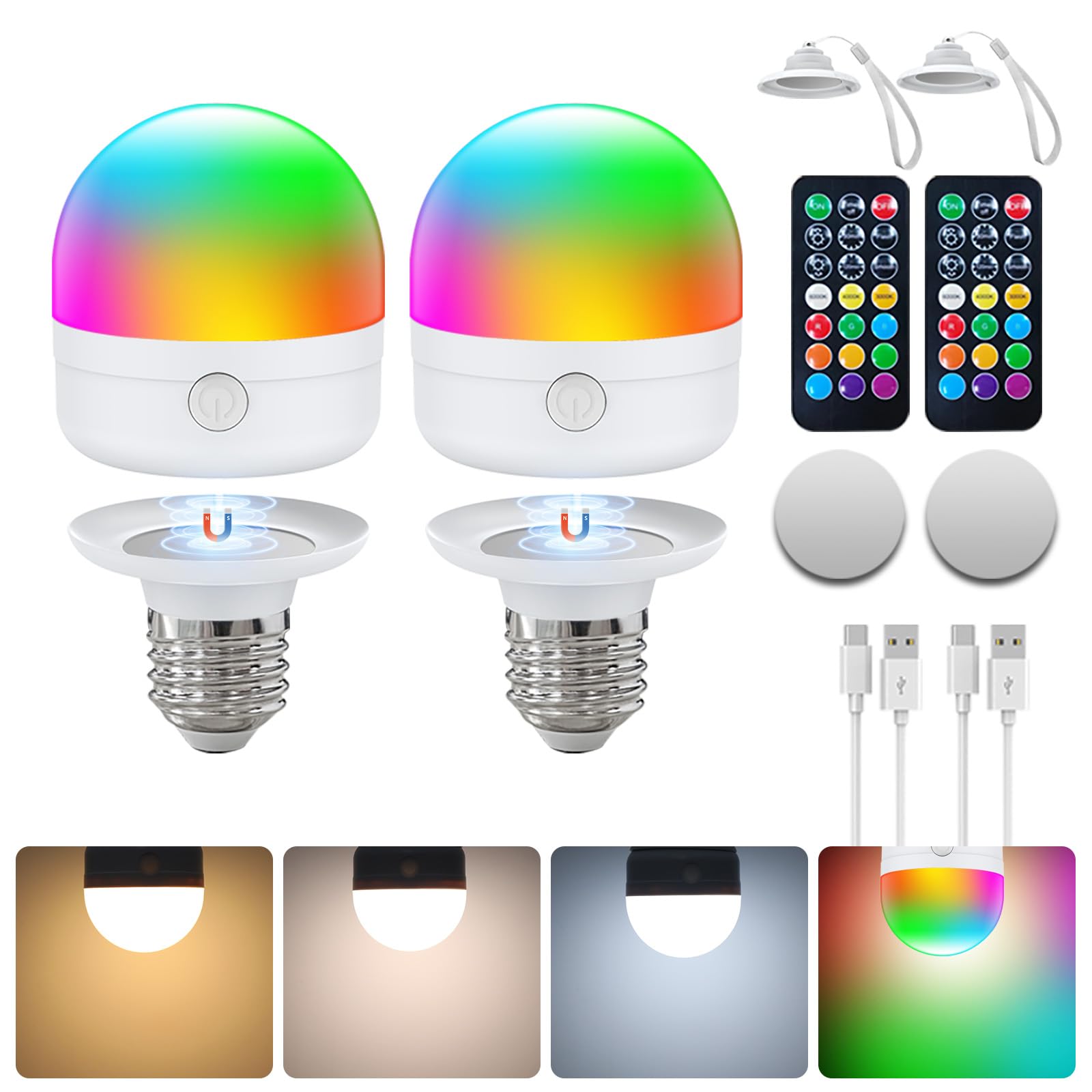 USB-C Rechargeable Light Bulb with Remote Control,E27 LED Bulbs 7W,CCTRGB Dimmable Rechargeable Light Bulb with Timer and Battery,2000mAh Outdoor Emergency Light With Magnetic,2 Pack(with Lanyard)