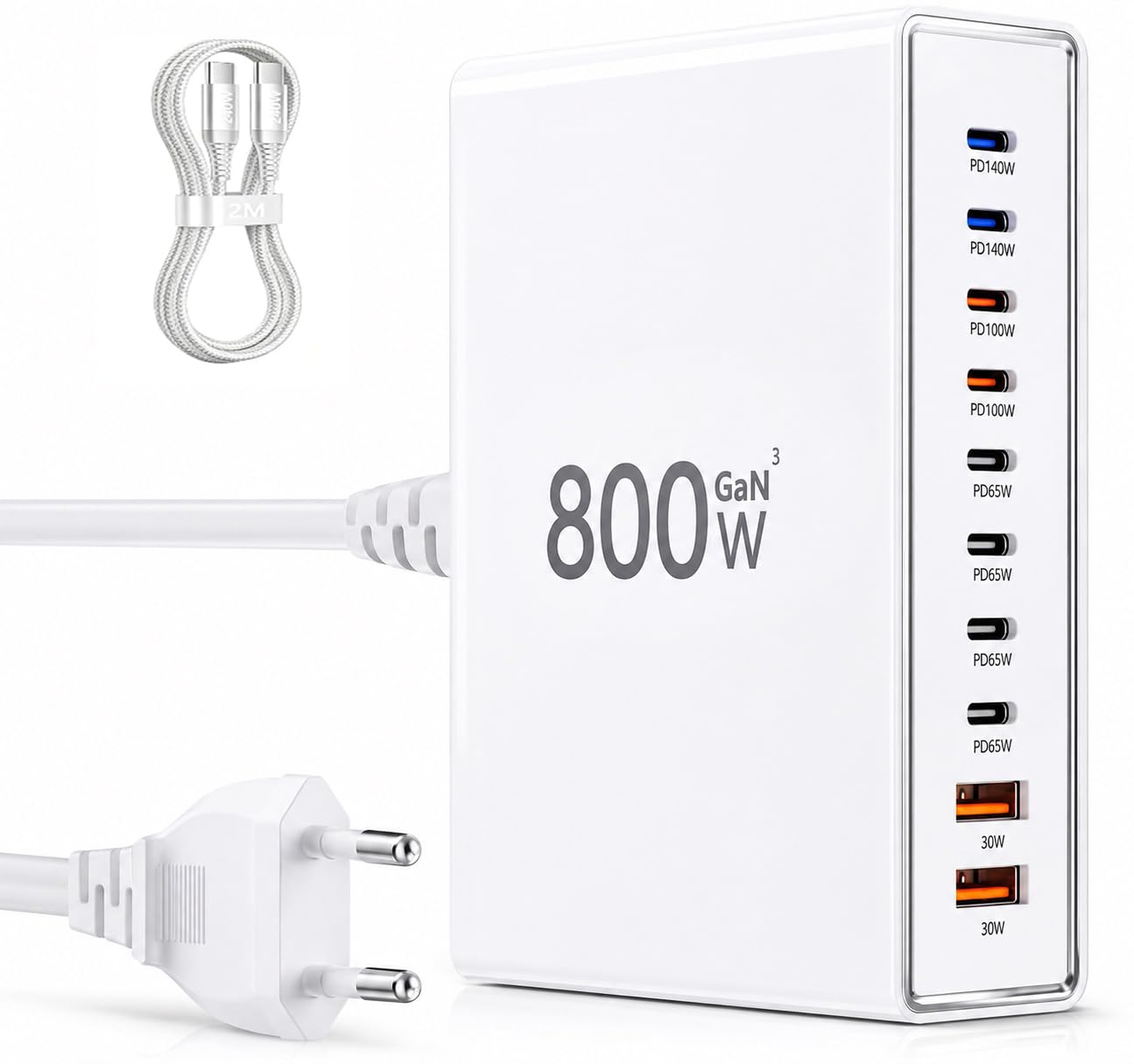 Chargeur USB C 800W GaN,10 Ports USB Chargeur et 2 câbles Rapide pour Ordinateur Portable Bloc d'alimentation PD Compatible avec MacBook Pro/Air/Dell/iPhone/Galaxy/Ordinateur Portable/Tablette/Mobile
