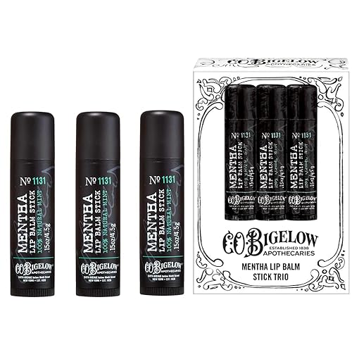 C.O. Bigelow Mentha Lip Balm Sticks, paquete de 3 barras de bálsamo labial a granel con manteca de karité y aceite de menta, 0.15 onzas