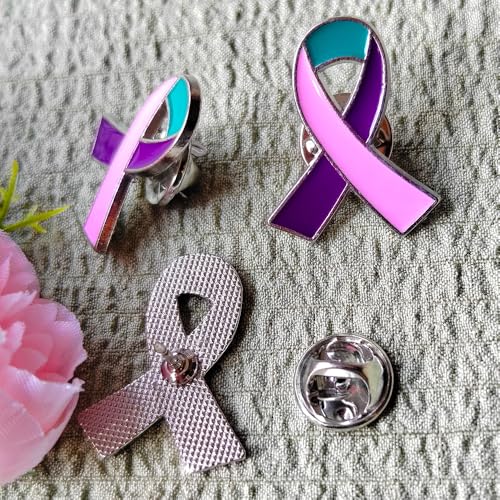 50 Pcs Pink Purple Teal Ribbon Pins Thyroid Cancer Awareness Enamel Lapel Brooch Cancer Awareness Products3