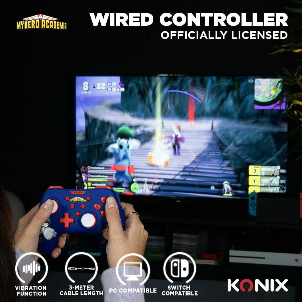 Konix My Hero Academia Manette filaire pour Nintendo Switch, Switch 2 et PC - Fonction vibration - Câble 3 m - Bleu