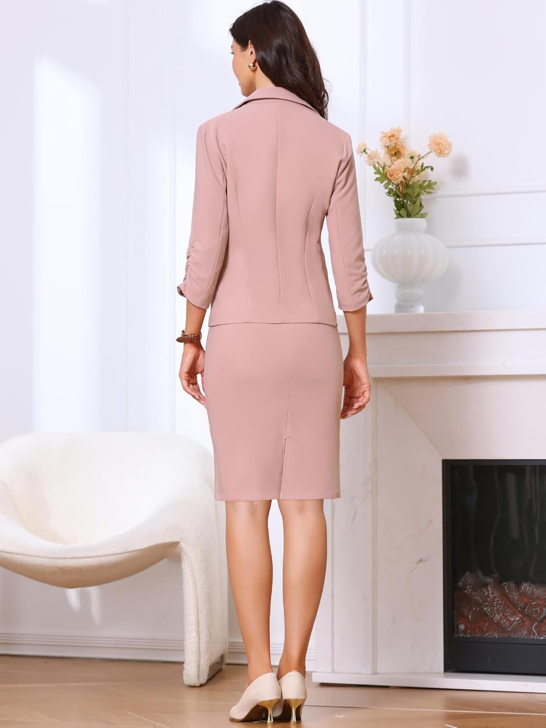 Allegra K 2 Piece Skirt Suit Set for Women's Business Casual Blazer Pockets Pencil Skirt Teacher Outfit - Image 3