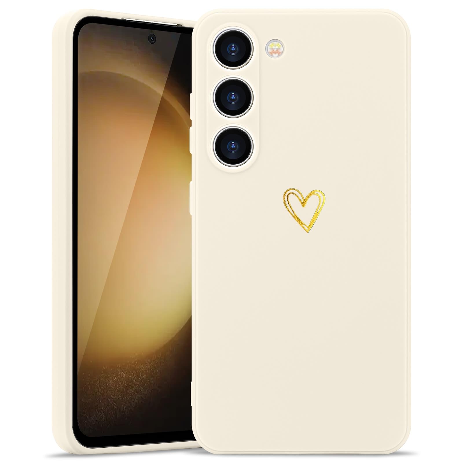 Wirvyuer for Samsung Galaxy S23 Case with Cute Heart Pattern for Women Girls Soft Shockproof Protective Silicone Phone Case, Cream