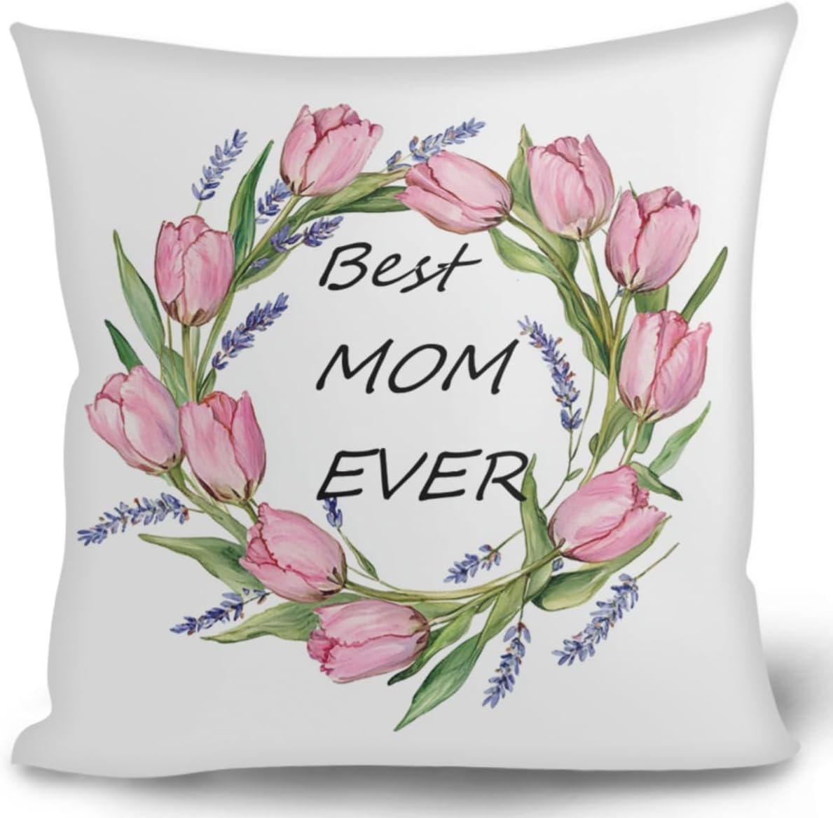 ENLACHIC Pack of 4 Happy Mother's Day Throw Pillow Case, Pink Wreath Tulip Flower Love Thanks Mom Square Pillowcases for Couch Sofa Home Car Decorative Cushion Cover 18x18 Inch