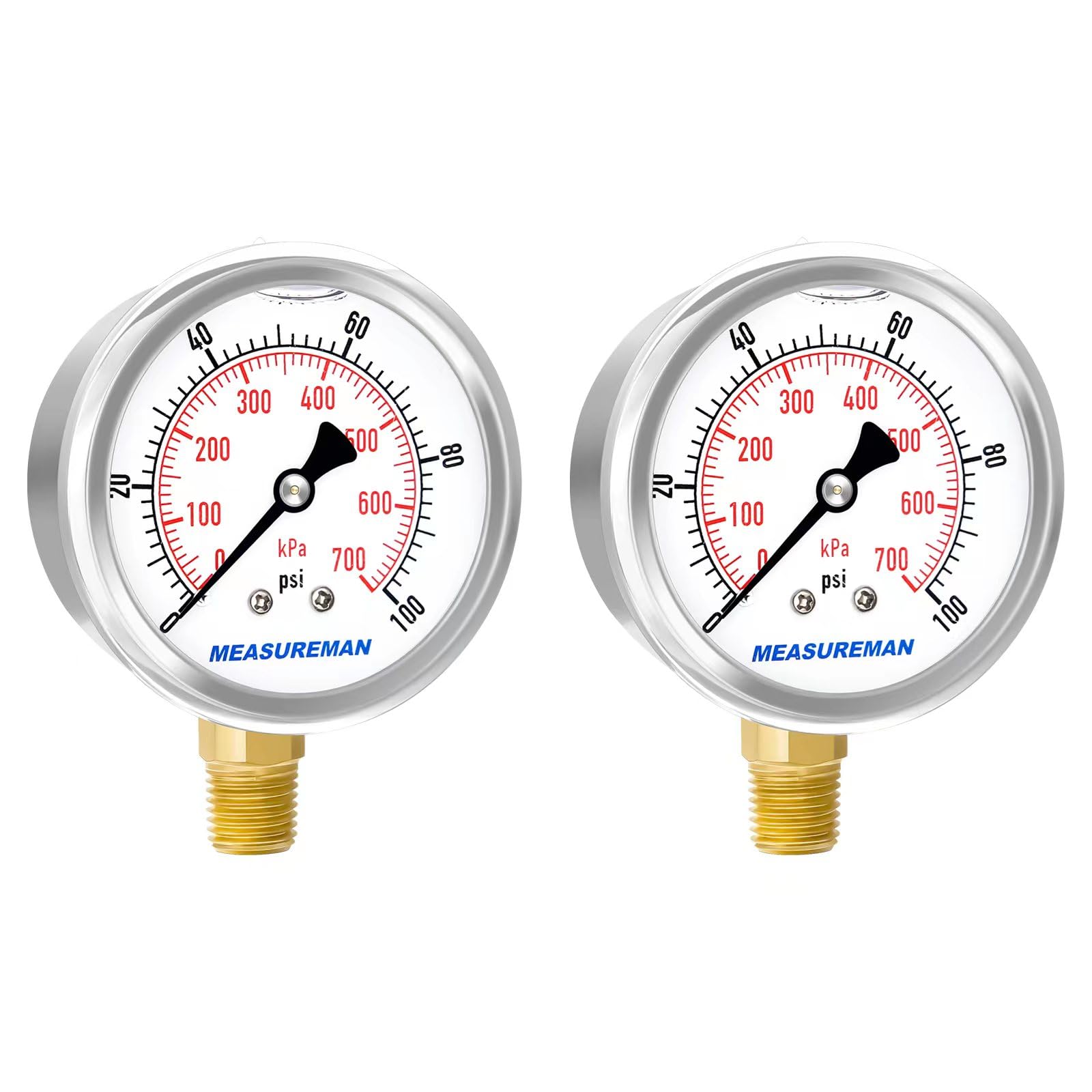 MEASUREMAN 2-1/2" Dial Size, Glycerin Filled Pressure Gauge, 0-100psi/kpa, 304 Stainless Steel Case, 1/4" NPT Lower Mount 2 Pack
