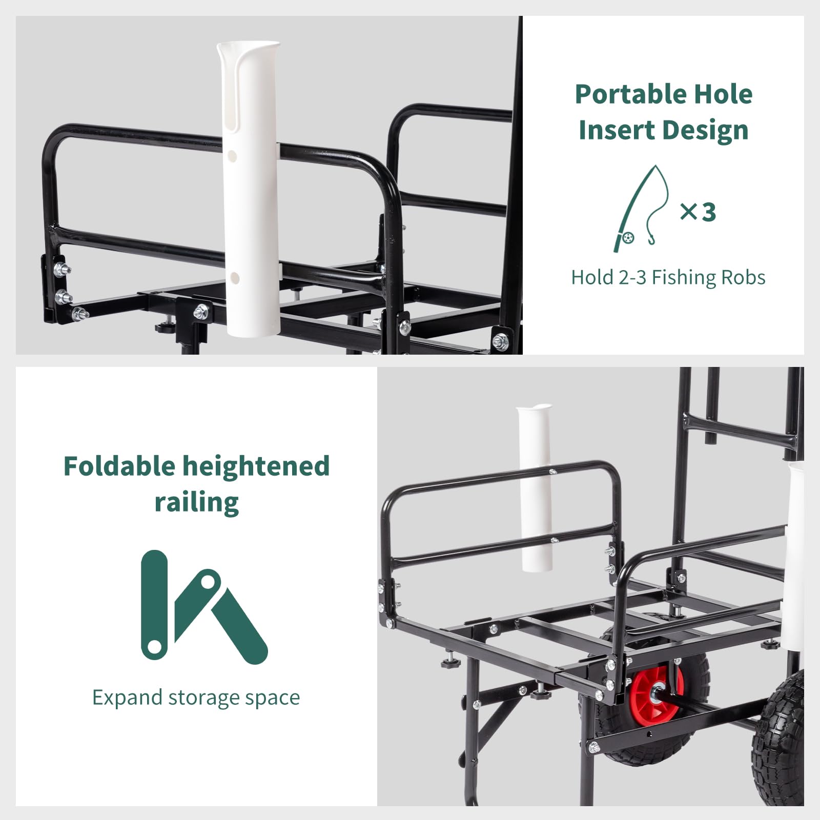 Carrello da pesca pieghevole con due ruote in poliuretano Carrello in acciaio per un facile trasporto Due supporti per canna da pesca regolabili leggero nero