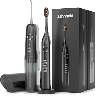 Zahnheld® Super-Set, elektrische Schallzahnbürste GERO G3 + Munddusche AQUADENT A2 | inkl. Bürstenkopf & Reiseetui | Effektive Zahnreinigung + Interdentalreinigung