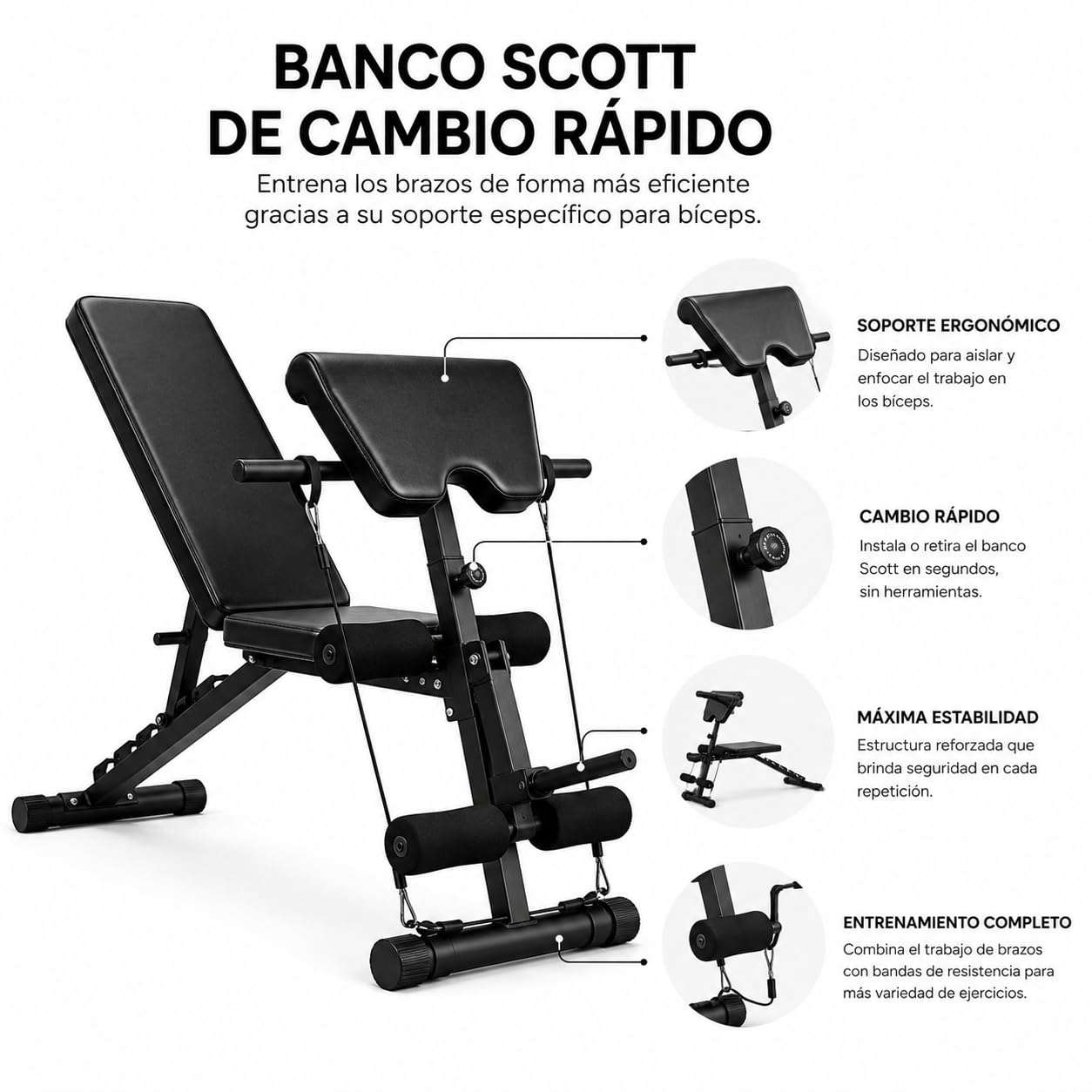 Banco de musculación plegable 2 en 1 con banco Scott 120 kg 150 × 42 × 100 cm – Bandas resistencia, asas abdominales, acolchado alta densidad, acero triangular, casa
