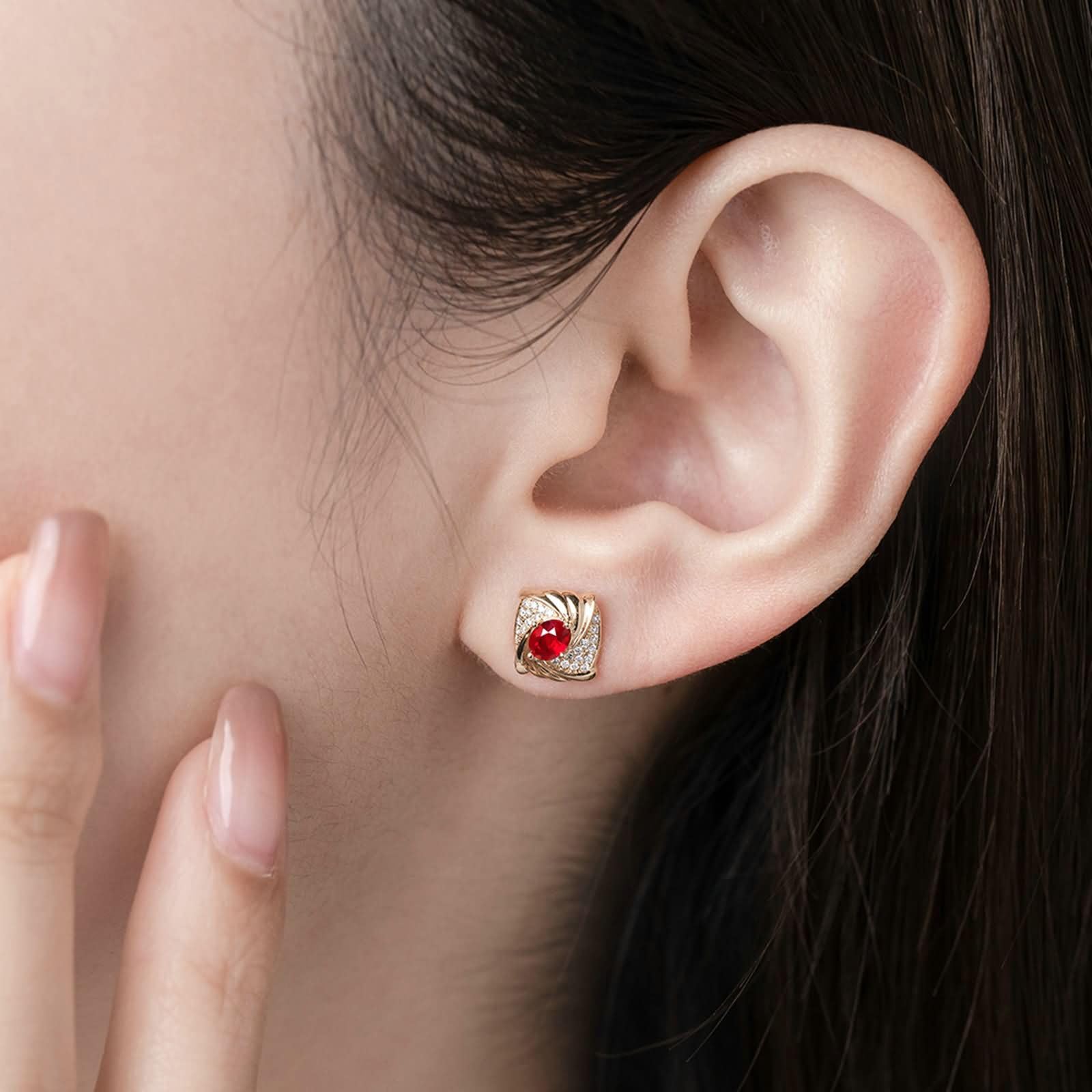 9K/14K/18K żółte złoto ślubne kolczyki sztyfty dla kobiet, romb i owalne z rubinem i moissanitem 0,64 ct stworzonym laboratoryjnie, złote, czerwone kolczyki dla kobiet
