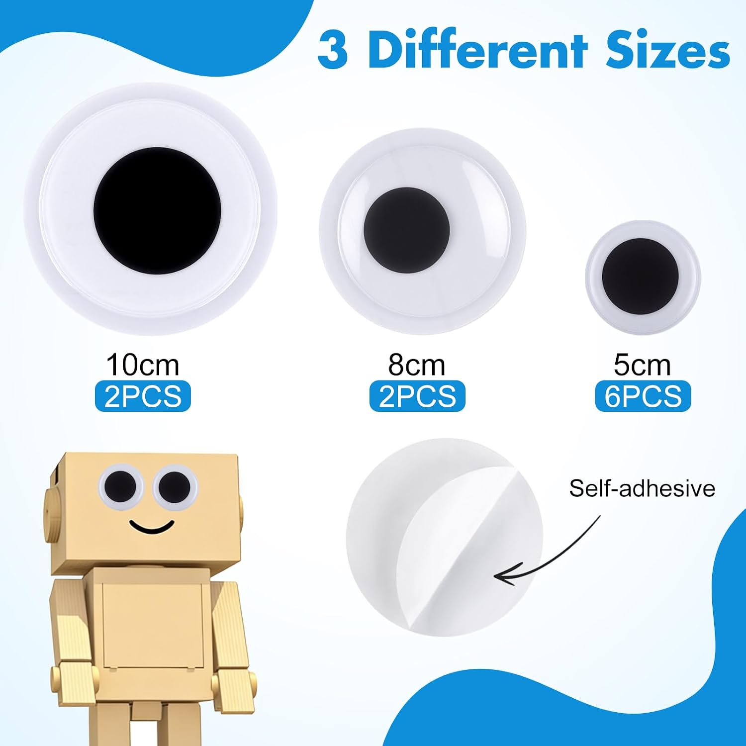 Phinus 10PCS Large Googly Eyes, 3 Different Size Self-Adhesive Giant Googly Eyes for Crafts, 5cm, 8cm, 10cm Black Wiggle Sticky Big Googly Eyes with Storage Box
