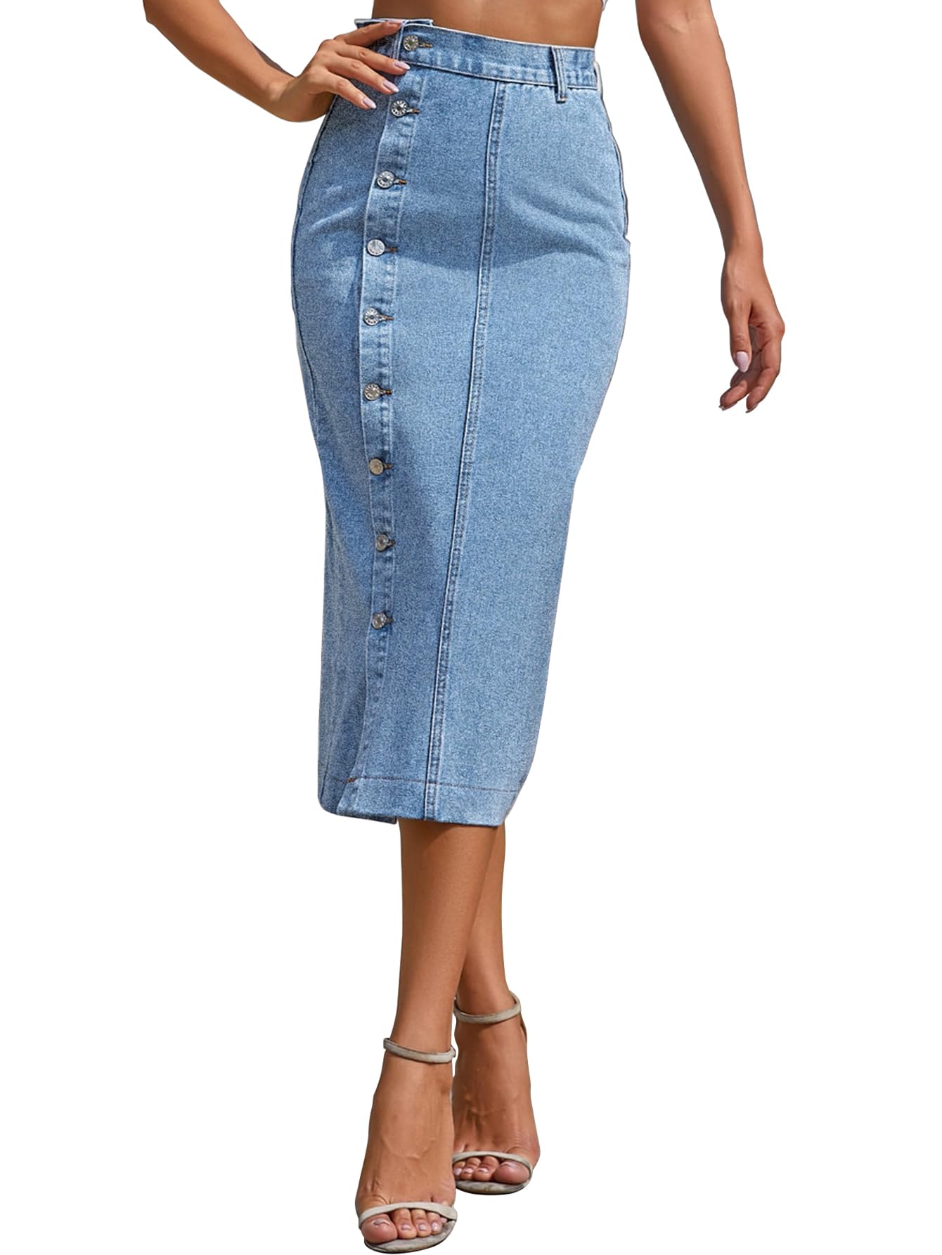shasmi Girl's & Women's Front Button-Up Slit Longline Single Breasted Long Casual Denim Skirt Suitable for Daily WearSkirt 233-picture-14