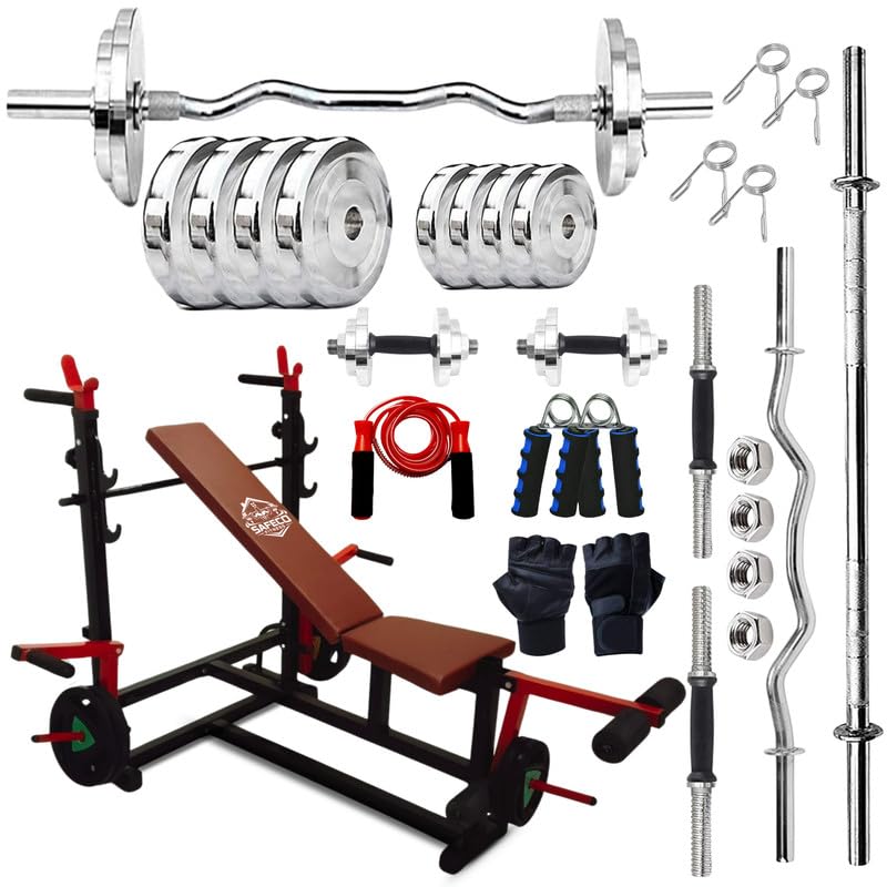 8-in-1 Adjustable Home Gym Bench with J Hook & 70KG Steel Weight Plate Set, 5FT Barbell Rod, 3FT EZ Curl Rod, Dumbbell Rods, Skipping Rope, Hand Gripper & Gloves-image-44