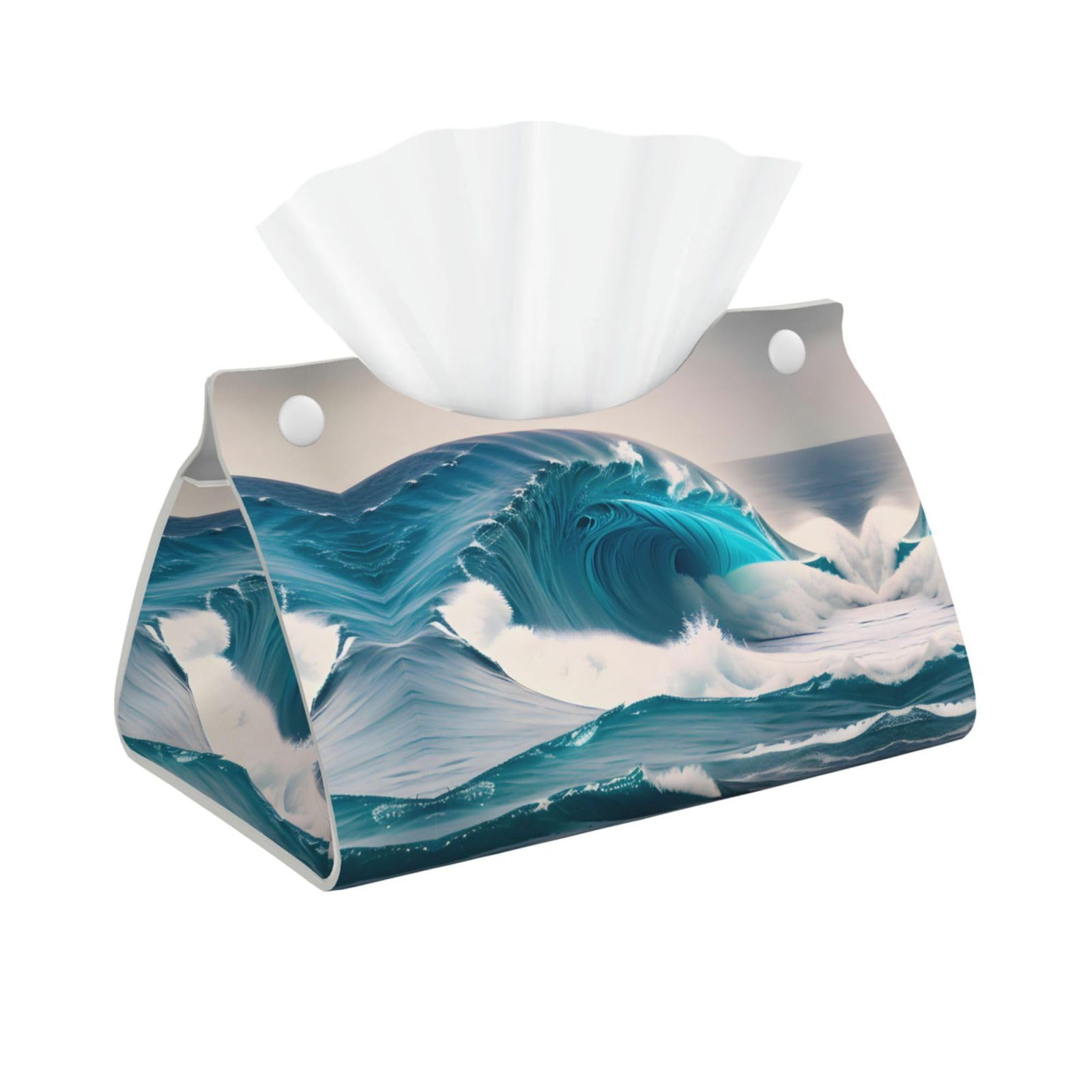 Cartoon Blue sea Wave Print Long Tissue Box Cover Holder Foldable Leather Organizer for Vanity, Nightstand, Desk & Bathroom