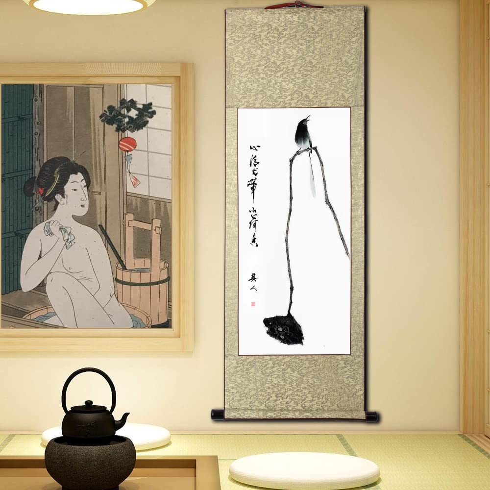 肉筆掛け軸水墨画　花鳥画　細筆画「双鳥図」美術品　絵画　和室　茶室　床の間 肉筆掛け軸水墨画 花鳥画 細筆画「双鳥図」美術品 絵画 和室