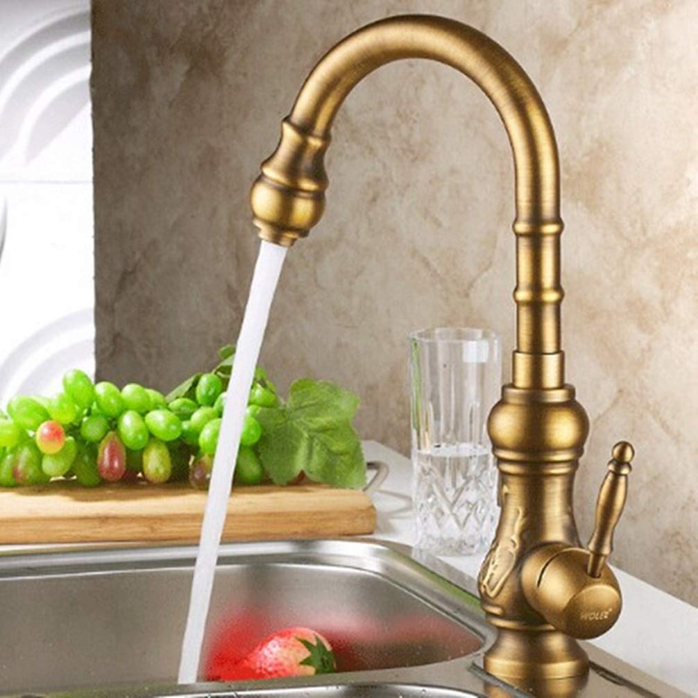 ZYCHSJXA Antique Bronze/Gold Carved Kitchen Faucets Tap Basin Single Hand Hot and Cold Wash Sink Faucet,Antique Bronze